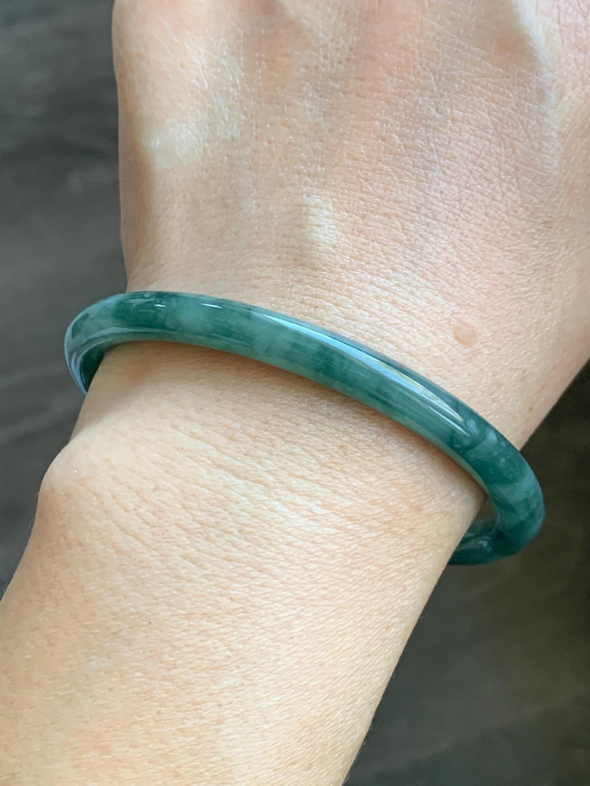 Certified Natural Grade A Guatemalan Icy Translucent Dark Dusty Teal Green Jade Jadeite Bangle Bracelet 59.83mm 7.4” 23g 天然冰危深蓝绿翡翠圆条手镯 937
