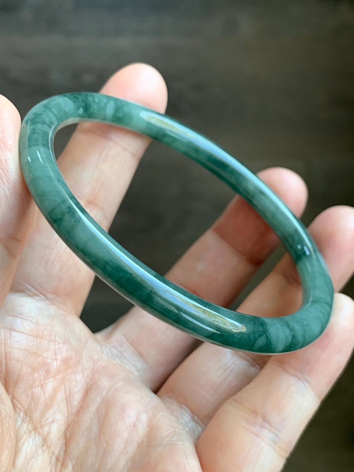 Certified Natural Grade A Guatemalan Icy Translucent Dark Dusty Teal Green Jade Jadeite Bangle Bracelet 59.83mm 7.4” 23g 天然冰危深蓝绿翡翠圆条手镯 937