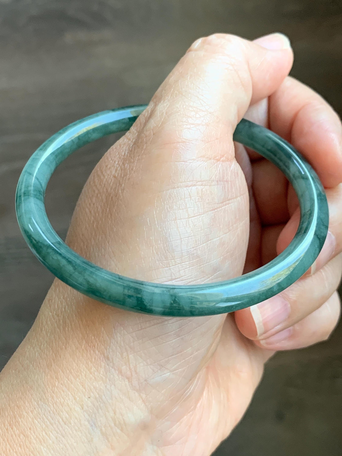 Certified Natural Grade A Guatemalan Icy Translucent Dark Dusty Teal Green Jade Jadeite Bangle Bracelet 59.83mm 7.4” 23g 天然冰危深蓝绿翡翠圆条手镯 937