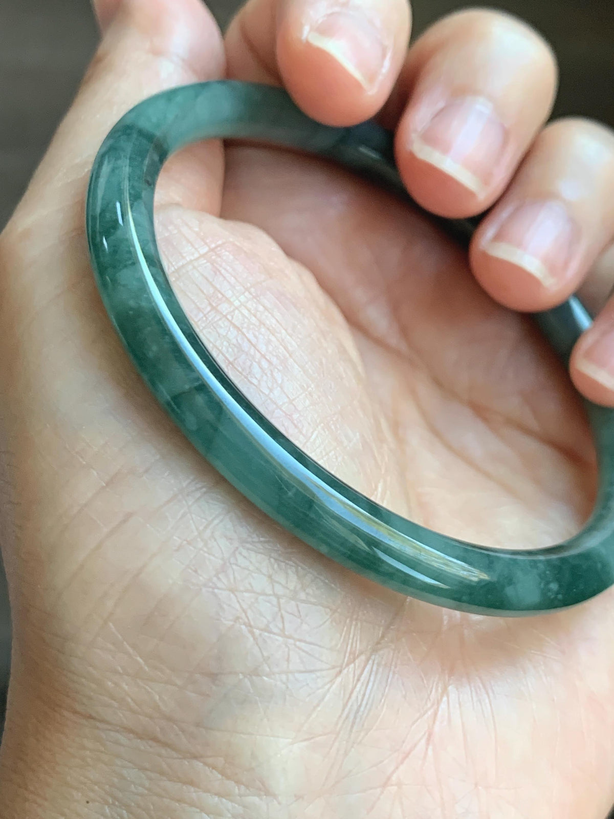Certified Natural Grade A Guatemalan Icy Translucent Dark Dusty Teal Green Jade Jadeite Bangle Bracelet 59.83mm 7.4” 23g 天然冰危深蓝绿翡翠圆条手镯 937