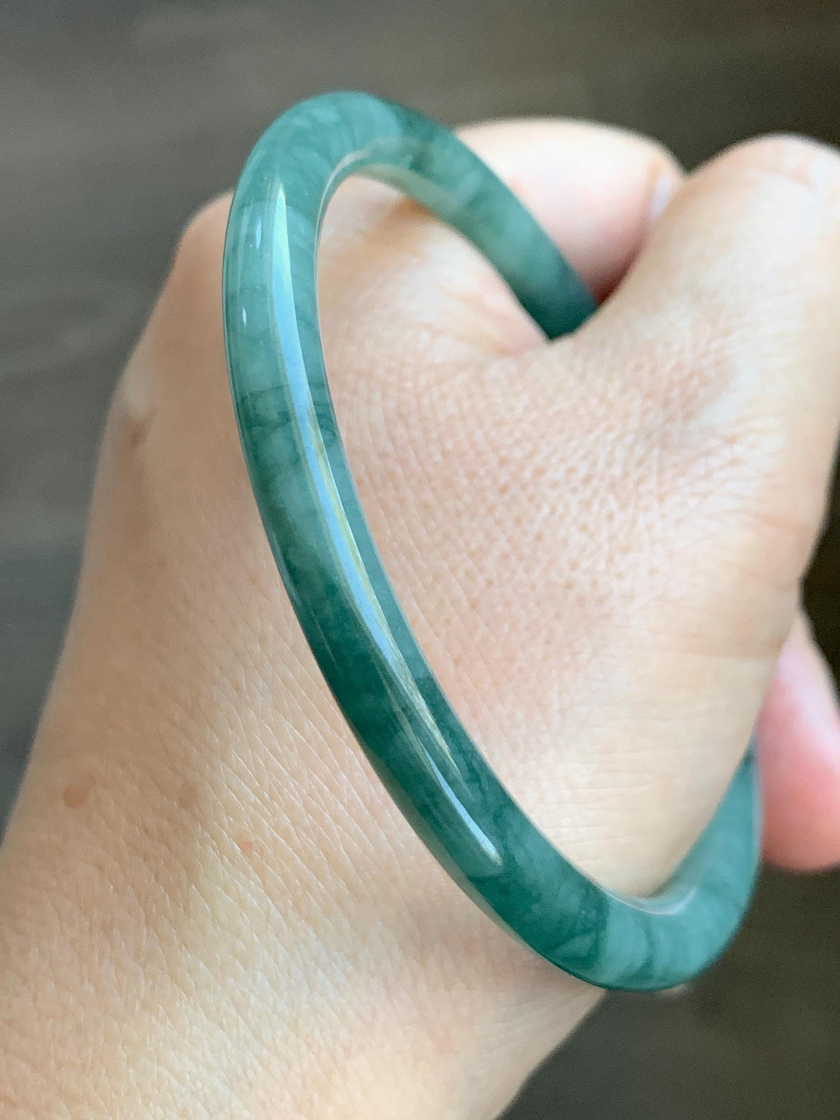 Certified Natural Grade A Guatemalan Icy Translucent Dark Dusty Teal Green Jade Jadeite Bangle Bracelet 59.83mm 7.4” 23g 天然冰危深蓝绿翡翠圆条手镯 937