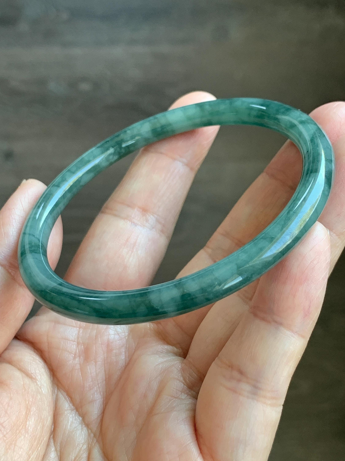 Certified Natural Grade A Guatemalan Icy Translucent Dark Dusty Teal Green Jade Jadeite Bangle Bracelet 59.83mm 7.4” 23g 天然冰危深蓝绿翡翠圆条手镯 937