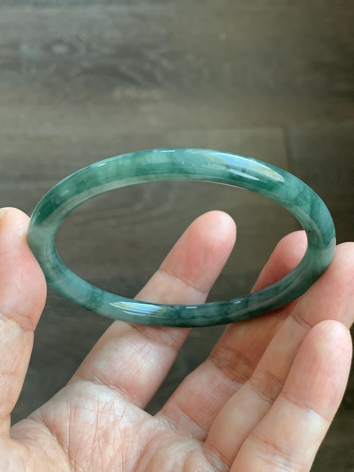 Certified Natural Grade A Guatemalan Icy Translucent Dark Dusty Teal Green Jade Jadeite Bangle Bracelet 59.83mm 7.4” 23g 天然冰危深蓝绿翡翠圆条手镯 937