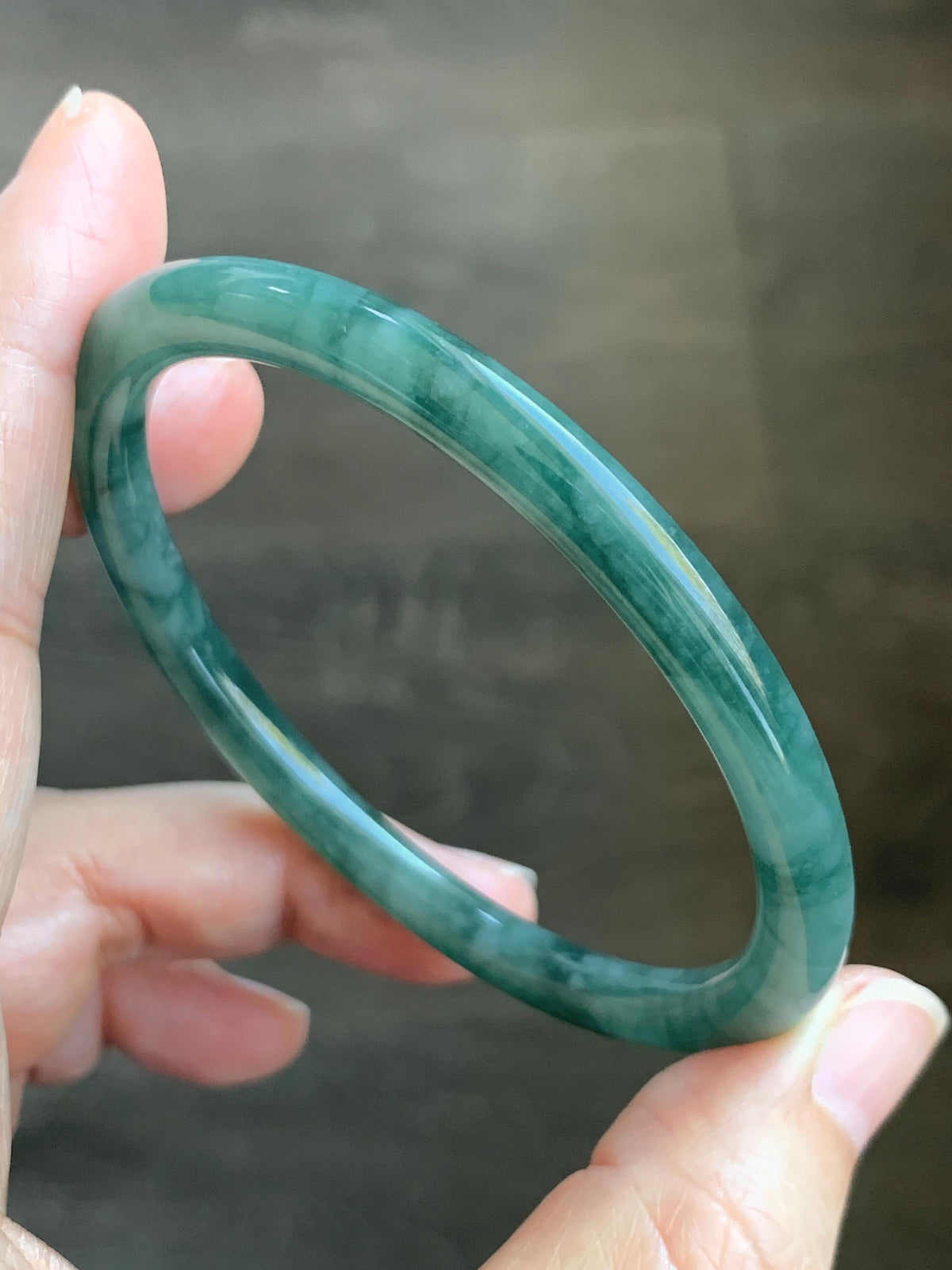 Certified Natural Grade A Guatemalan Icy Translucent Dark Dusty Teal Green Jade Jadeite Bangle Bracelet 59.83mm 7.4” 23g 天然冰危深蓝绿翡翠圆条手镯 937
