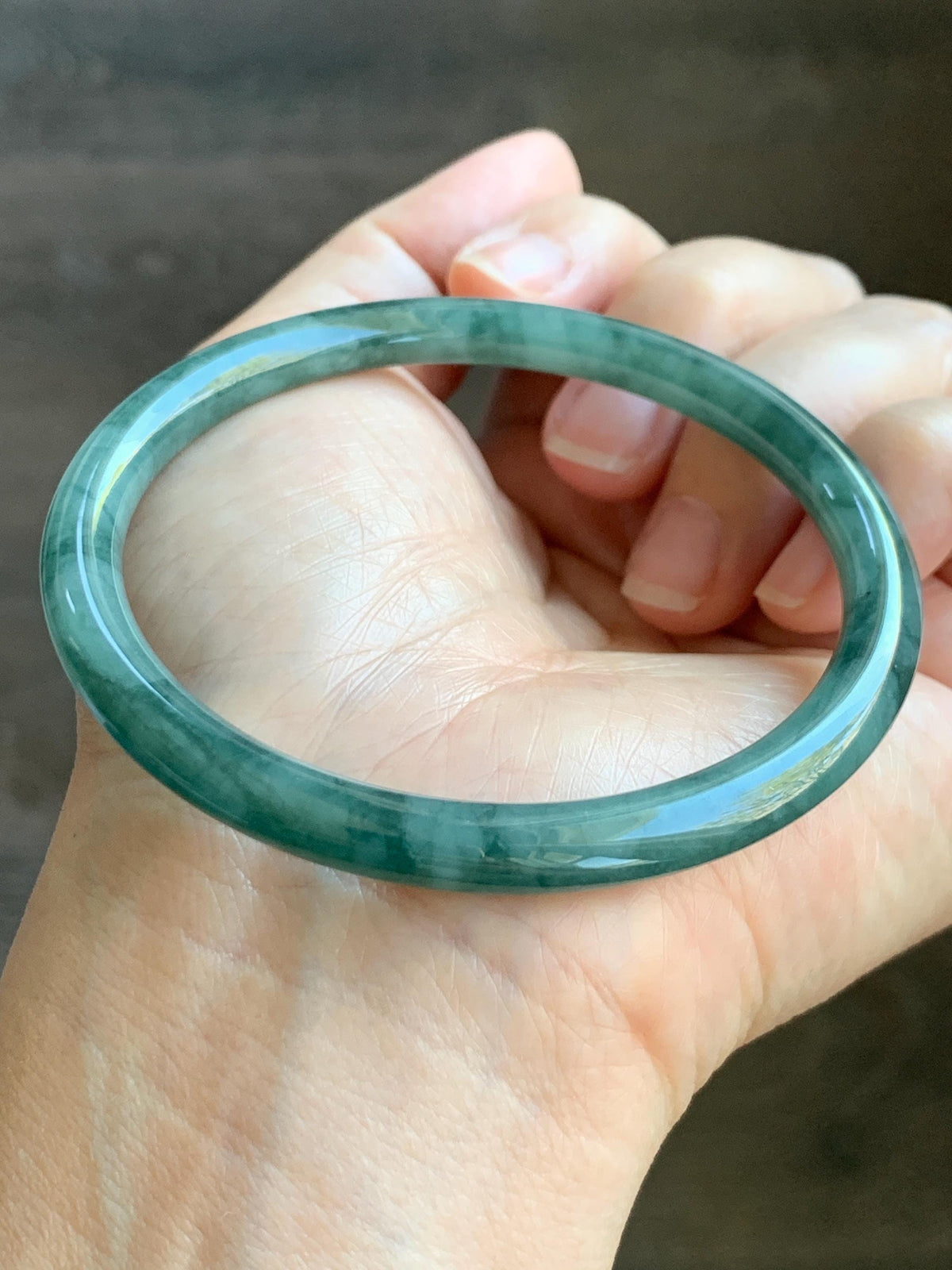 Certified Natural Grade A Guatemalan Icy Translucent Dark Dusty Teal Green Jade Jadeite Bangle Bracelet 59.83mm 7.4” 23g 天然冰危深蓝绿翡翠圆条手镯 937
