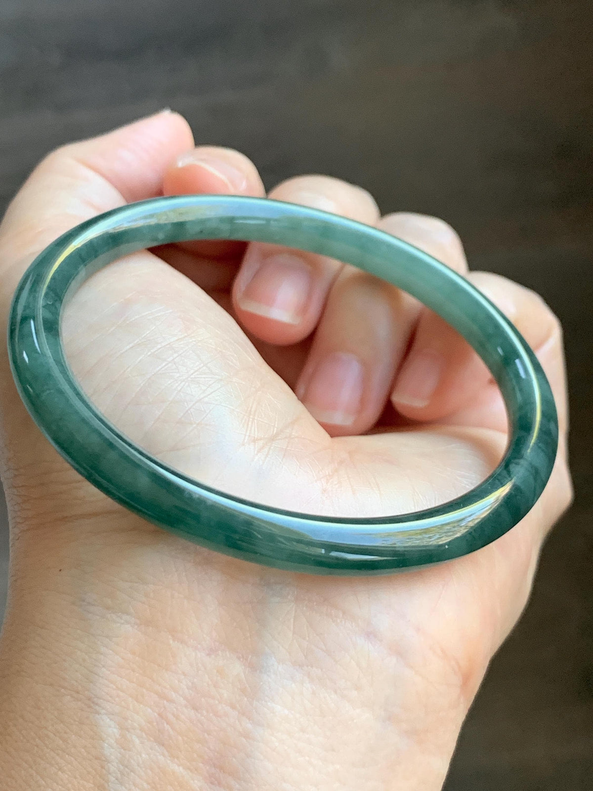 Certified Natural Grade A Guatemalan Icy Translucent Dark Dusty Teal Green Jade Jadeite Bangle Bracelet 59.78mm 7.4” 24.9g 天然冰危深蓝绿翡翠圆条手镯936