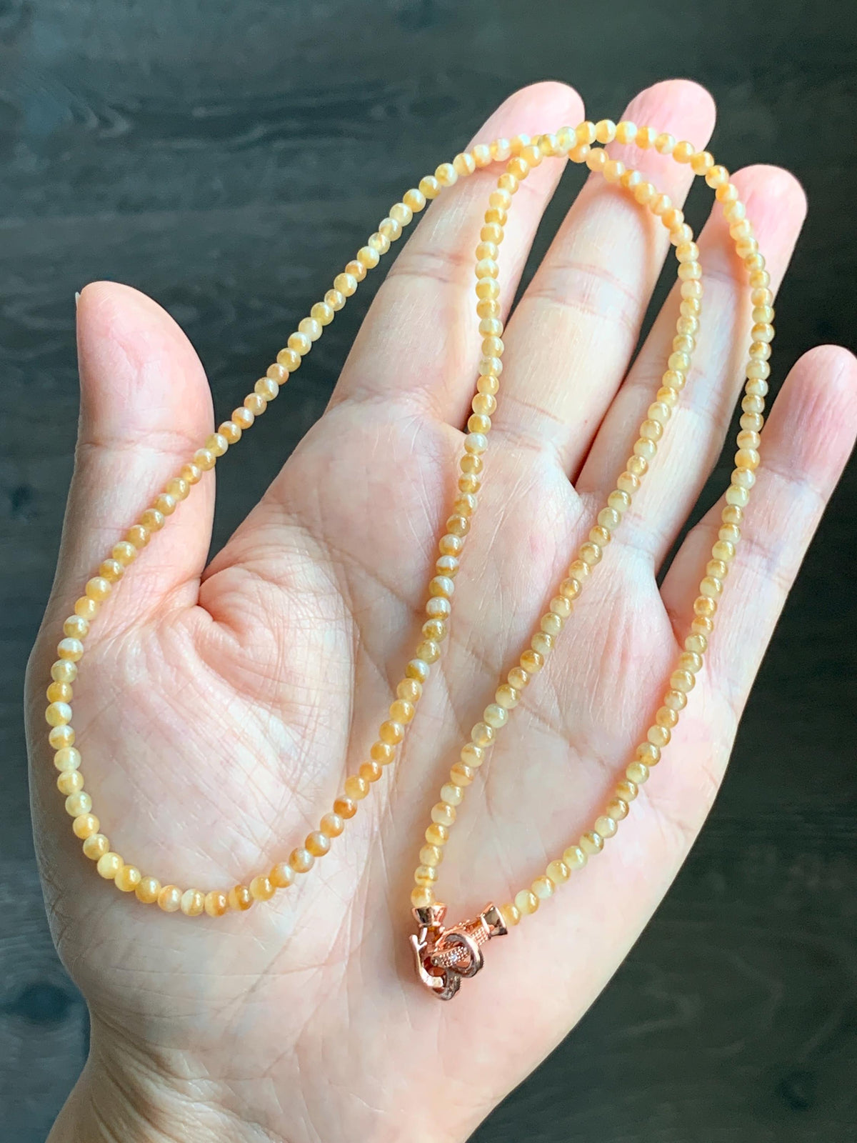Natural Grade A Icy Translucent Light Yellow Bicolored Jade Jadeite Petite Beads Beaded Necklace 3.4mm 23.25” 13g 天然冰黄鸳鸯翡翠小圆珠项链 MYY330A