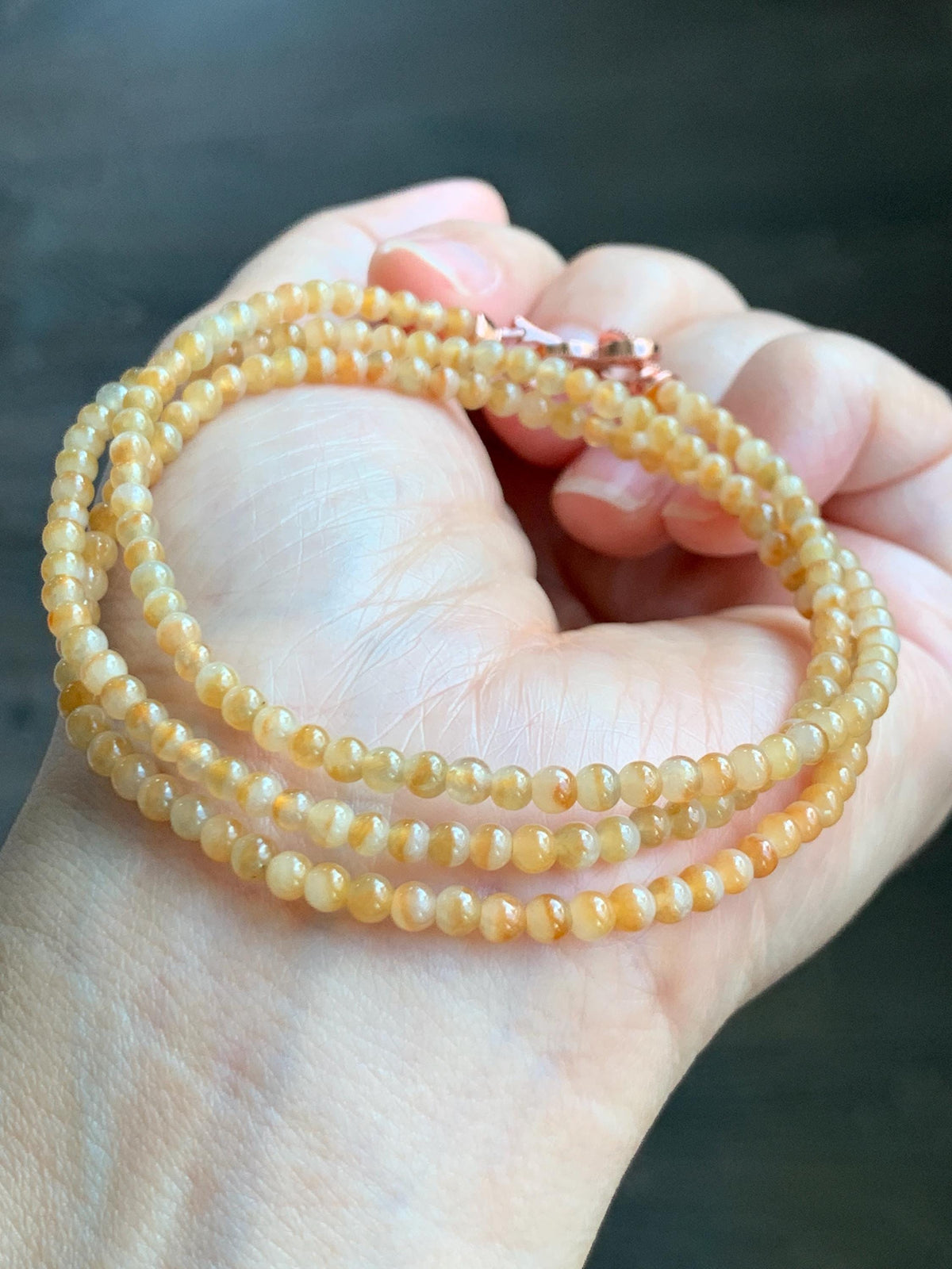 Natural Grade A Icy Translucent Light Yellow Bicolored Jade Jadeite Petite Beads Beaded Necklace 3.4mm 23.25” 13g 天然冰黄鸳鸯翡翠小圆珠项链 MYY330A