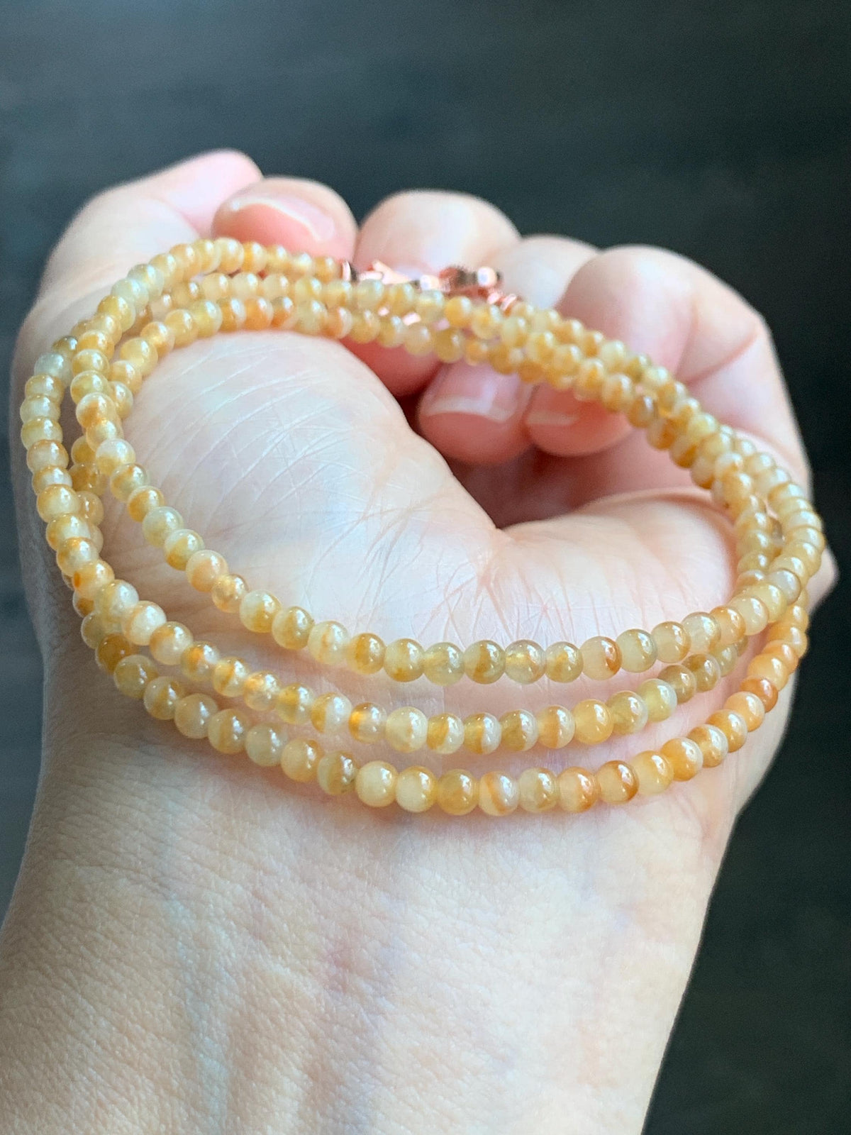 Natural Grade A Icy Translucent Light Yellow Bicolored Jade Jadeite Petite Beads Beaded Necklace 3.4mm 23.25” 13g 天然冰黄鸳鸯翡翠小圆珠项链 MYY330A