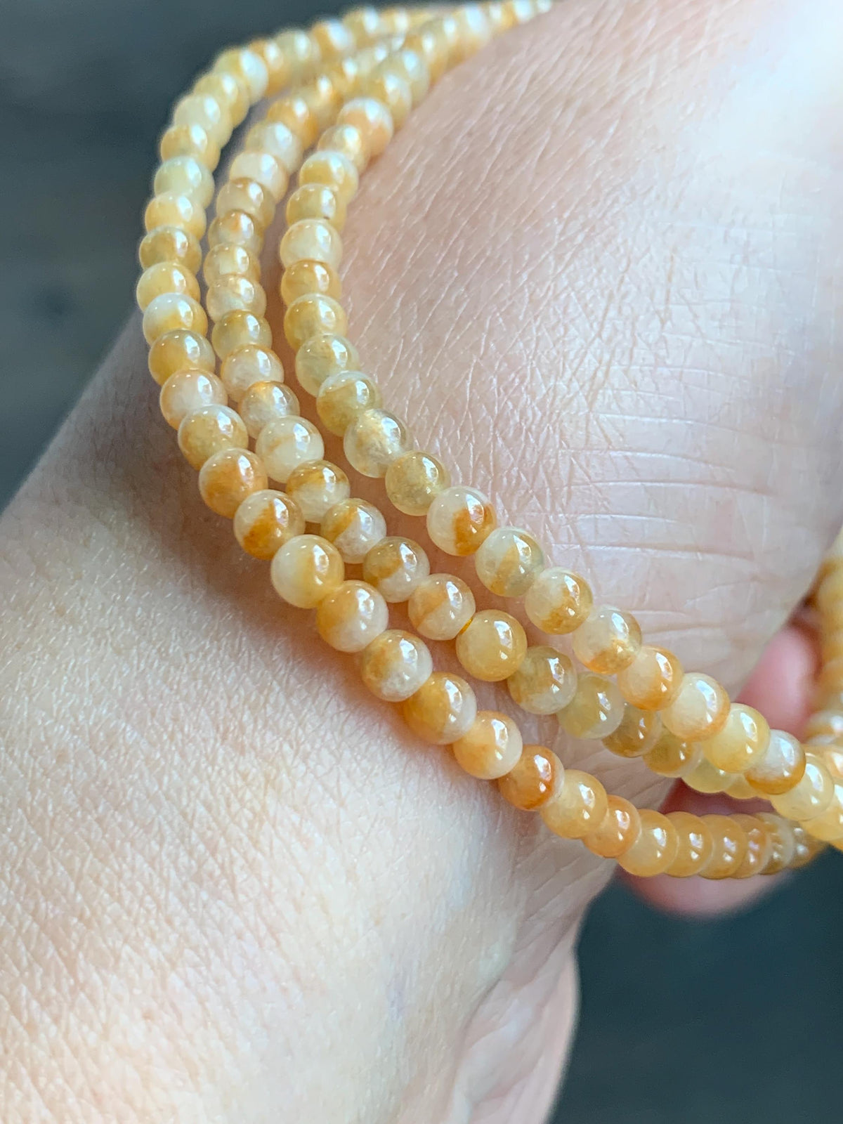 Natural Grade A Icy Translucent Light Yellow Bicolored Jade Jadeite Petite Beads Beaded Necklace 3.4mm 23.25” 13g 天然冰黄鸳鸯翡翠小圆珠项链 MYY330A