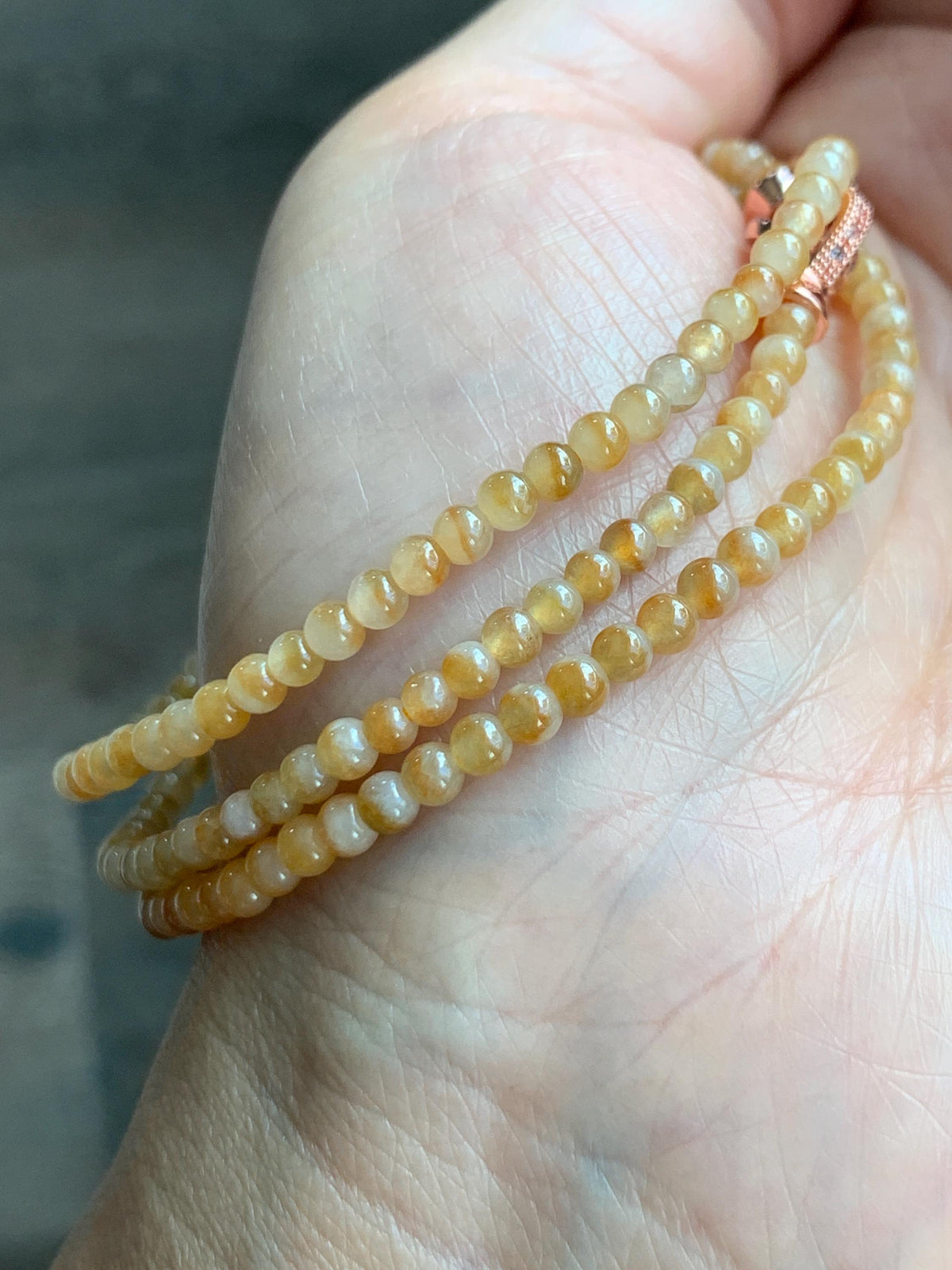 Natural Grade A Icy Translucent Light Yellow Bicolored Jade Jadeite Petite Beads Beaded Necklace 3.4mm 23.25” 13g 天然冰黄鸳鸯翡翠小圆珠项链 MYY330A