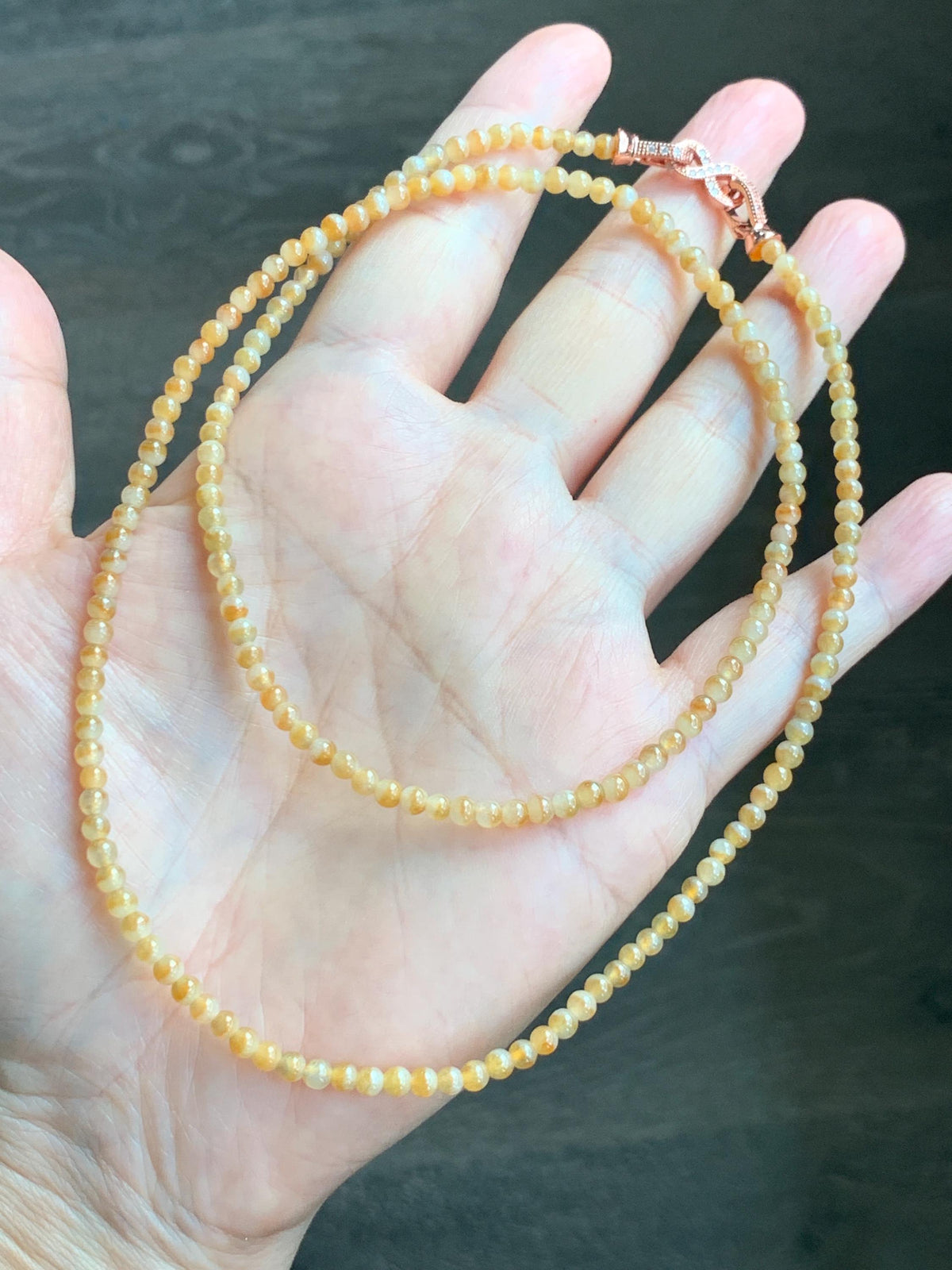 Natural Grade A Icy Translucent Light Yellow Bicolored Jade Jadeite Petite Beads Beaded Necklace 3.4mm 23.25” 13g 天然冰黄鸳鸯翡翠小圆珠项链 MYY330A