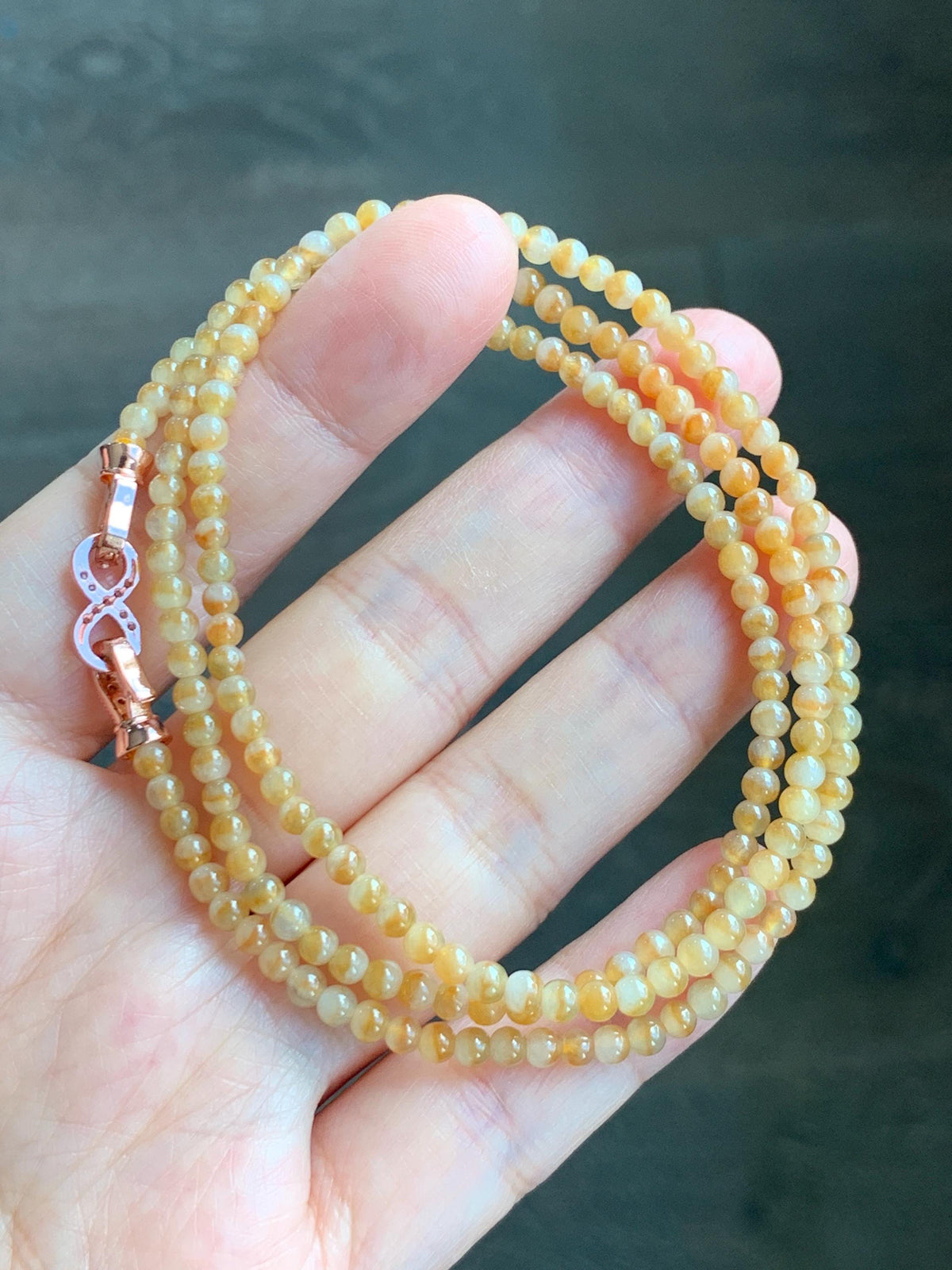Natural Grade A Icy Translucent Light Yellow Bicolored Jade Jadeite Petite Beads Beaded Necklace 3.4mm 23.25” 13g 天然冰黄鸳鸯翡翠小圆珠项链 MYY330A
