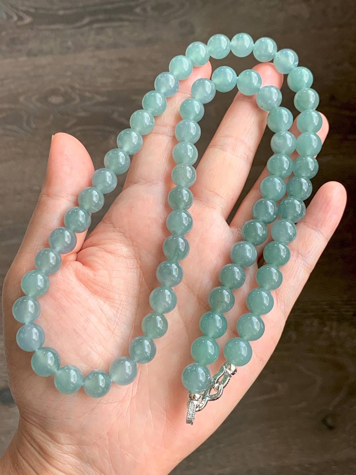 Natural Grade A Guatemalan Icy Highly Translucent Light Dusty Teal Blue Jade Jadeite Beaded Necklace 9.5mm 24.5” 100g 天然冰胶危浅蓝翡翠大卡圆珠项链 WQC495