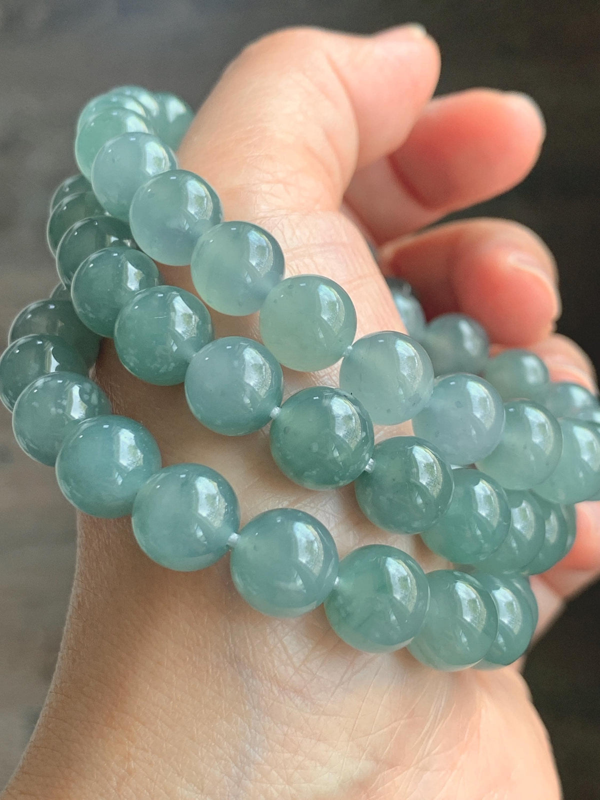 Natural Grade A Guatemalan Icy Highly Translucent Light Dusty Teal Blue Jade Jadeite Beaded Necklace 9.5mm 24.5” 100g 天然冰胶危浅蓝翡翠大卡圆珠项链 WQC495