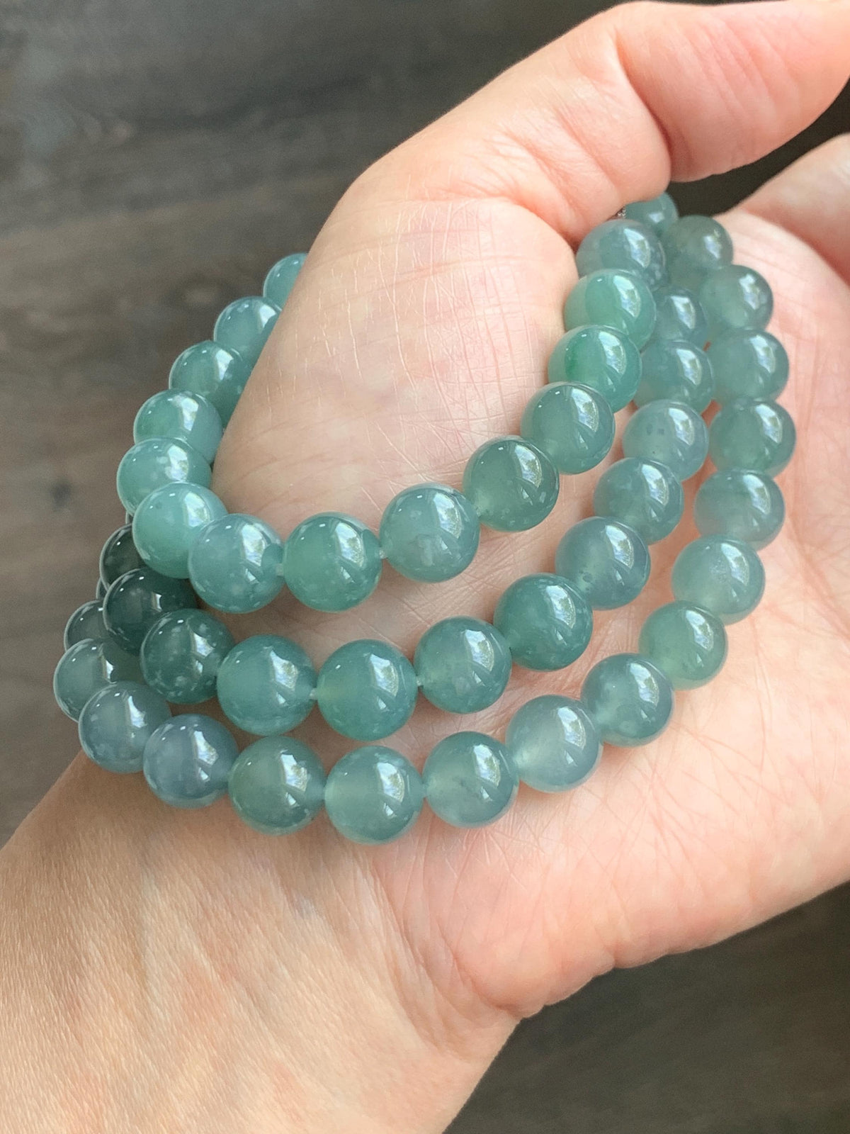 Natural Grade A Guatemalan Icy Highly Translucent Light Dusty Teal Blue Jade Jadeite Beaded Necklace 9.5mm 24.5” 100g 天然冰胶危浅蓝翡翠大卡圆珠项链 WQC495