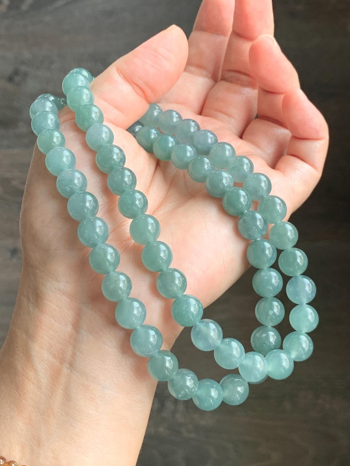Natural Grade A Guatemalan Icy Highly Translucent Light Dusty Teal Blue Jade Jadeite Beaded Necklace 9.5mm 24.5” 100g 天然冰胶危浅蓝翡翠大卡圆珠项链 WQC495