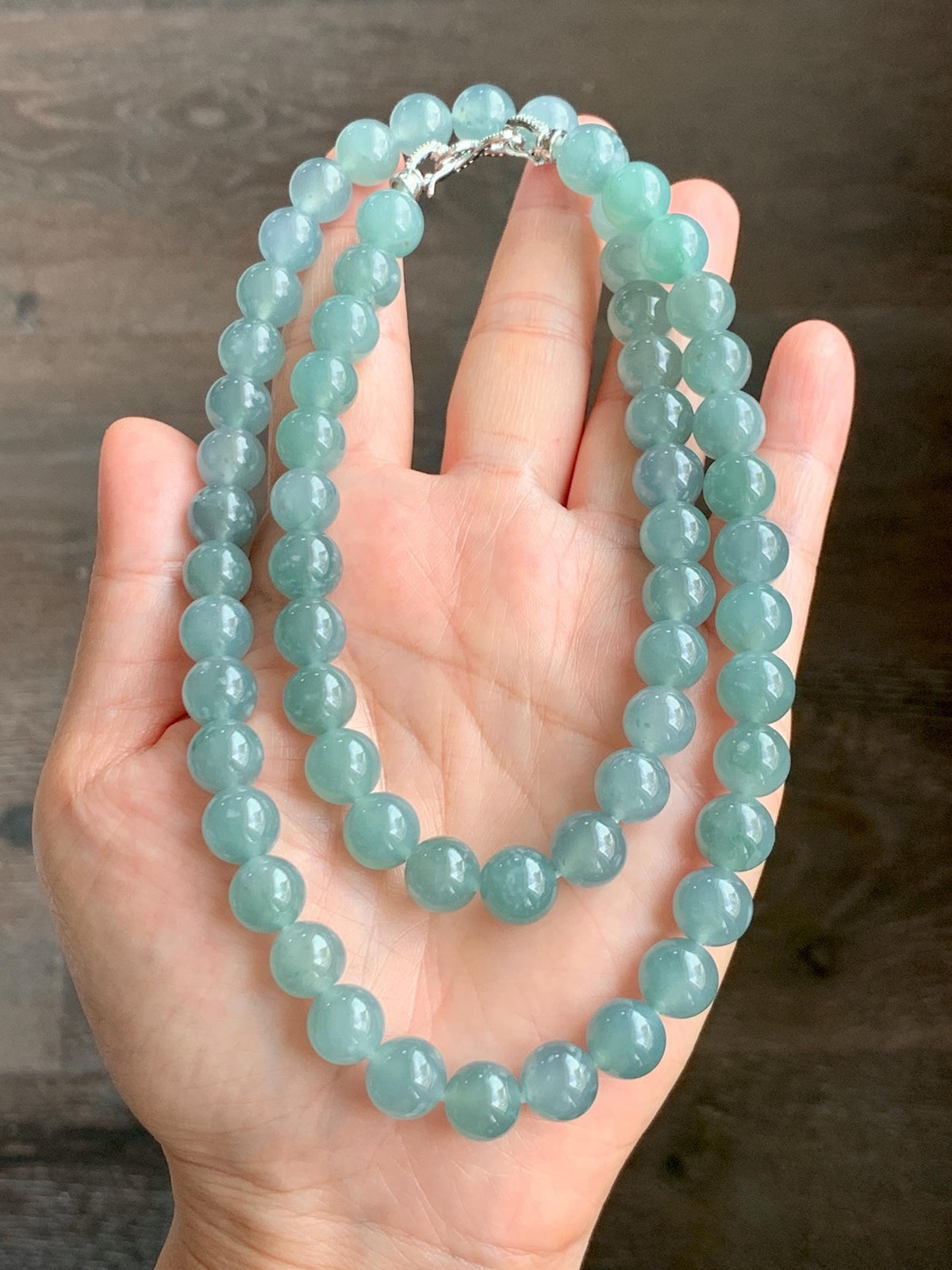 Natural Grade A Guatemalan Icy Highly Translucent Light Dusty Teal Blue Jade Jadeite Beaded Necklace 9.5mm 24.5” 100g 天然冰胶危浅蓝翡翠大卡圆珠项链 WQC495