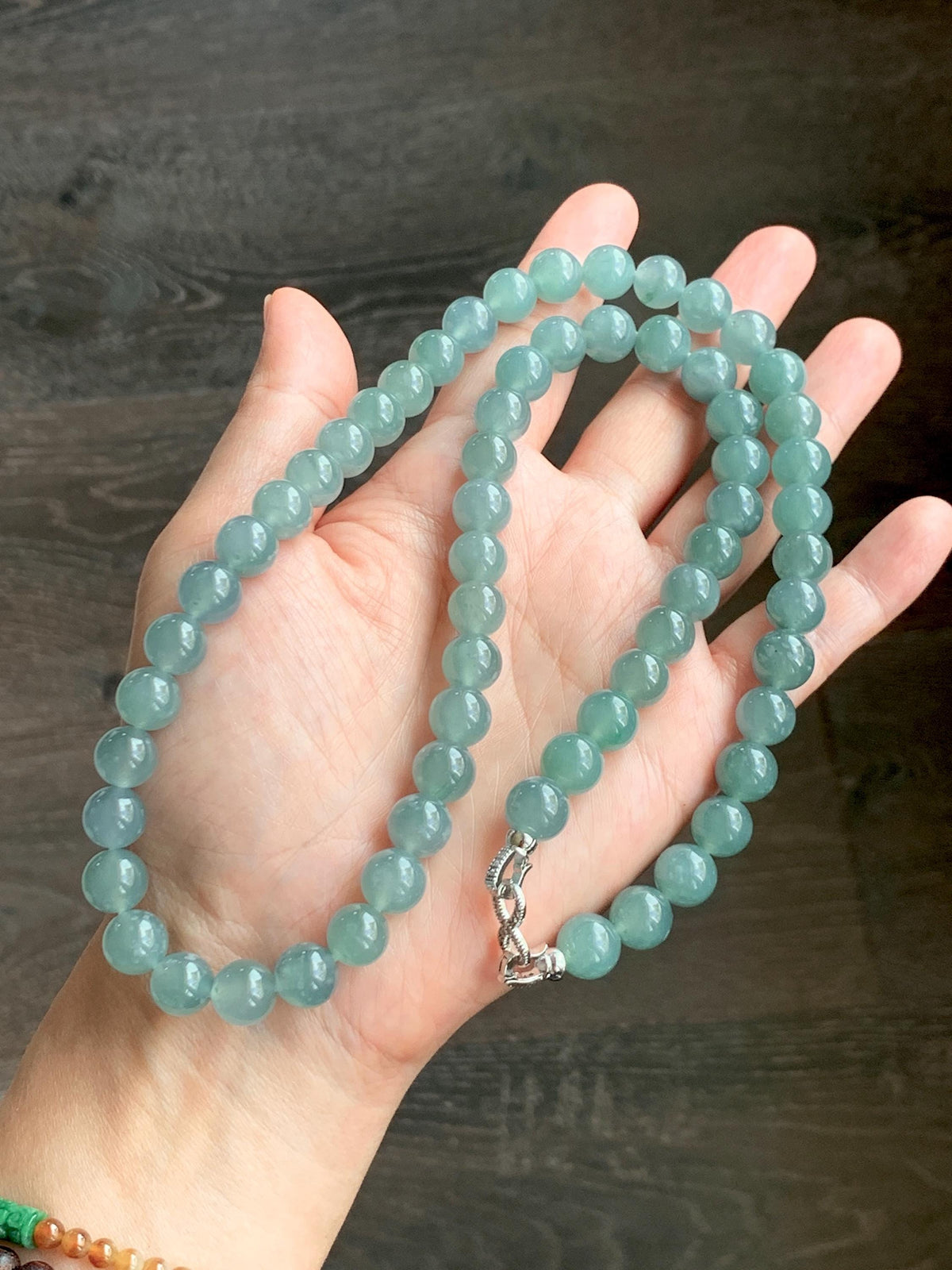 Natural Grade A Guatemalan Icy Highly Translucent Light Dusty Teal Blue Jade Jadeite Beaded Necklace 9.5mm 24.5” 100g 天然冰胶危浅蓝翡翠大卡圆珠项链 WQC495