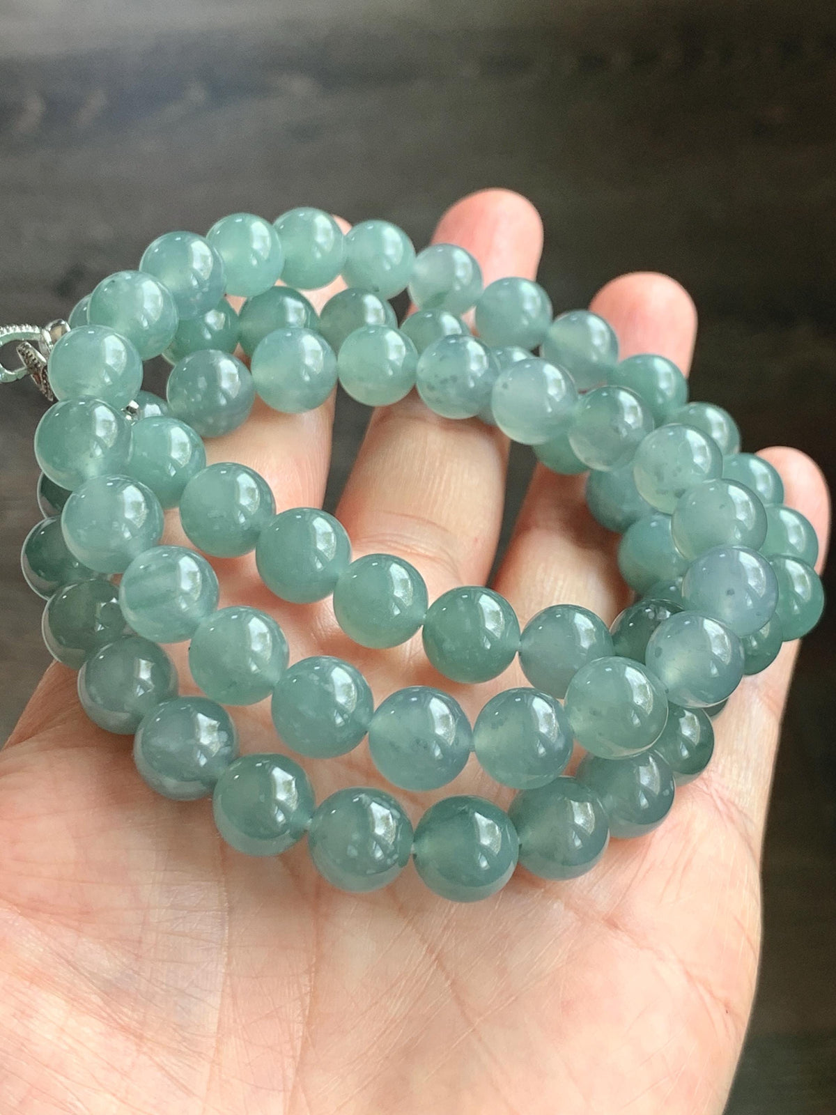 Natural Grade A Guatemalan Icy Highly Translucent Light Dusty Teal Blue Jade Jadeite Beaded Necklace 9.5mm 24.5” 100g 天然冰胶危浅蓝翡翠大卡圆珠项链 WQC495