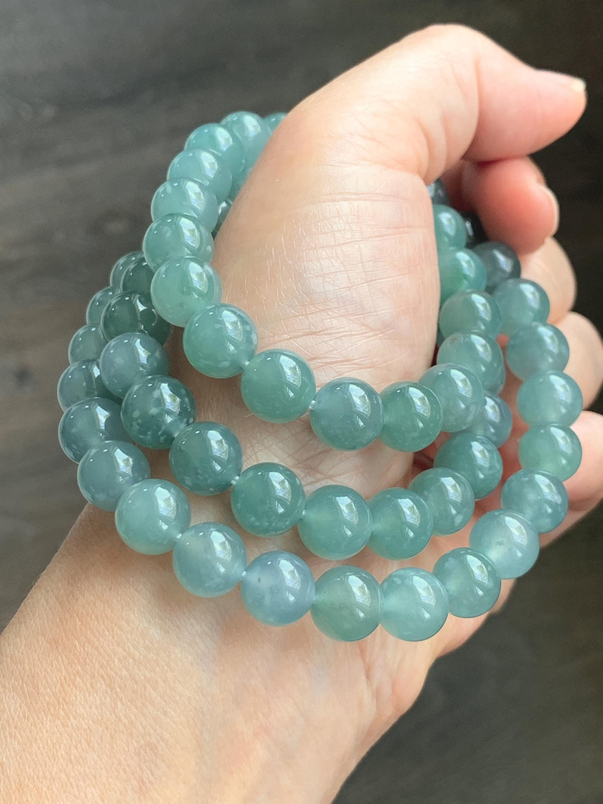 Natural Grade A Guatemalan Icy Highly Translucent Light Dusty Teal Blue Jade Jadeite Beaded Necklace 9.5mm 24.5” 100g 天然冰胶危浅蓝翡翠大卡圆珠项链 WQC495