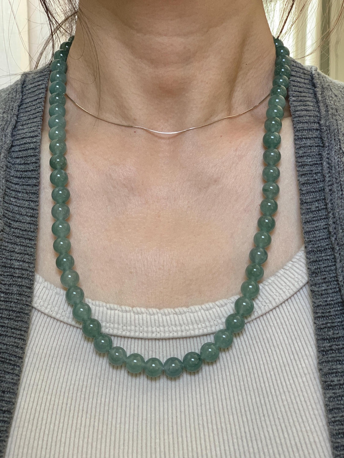 Natural Grade A Guatemalan Icy Highly Translucent Light Dusty Teal Blue Jade Jadeite Beaded Necklace 9.5mm 24.5” 100g 天然冰胶危浅蓝翡翠大卡圆珠项链 WQC495