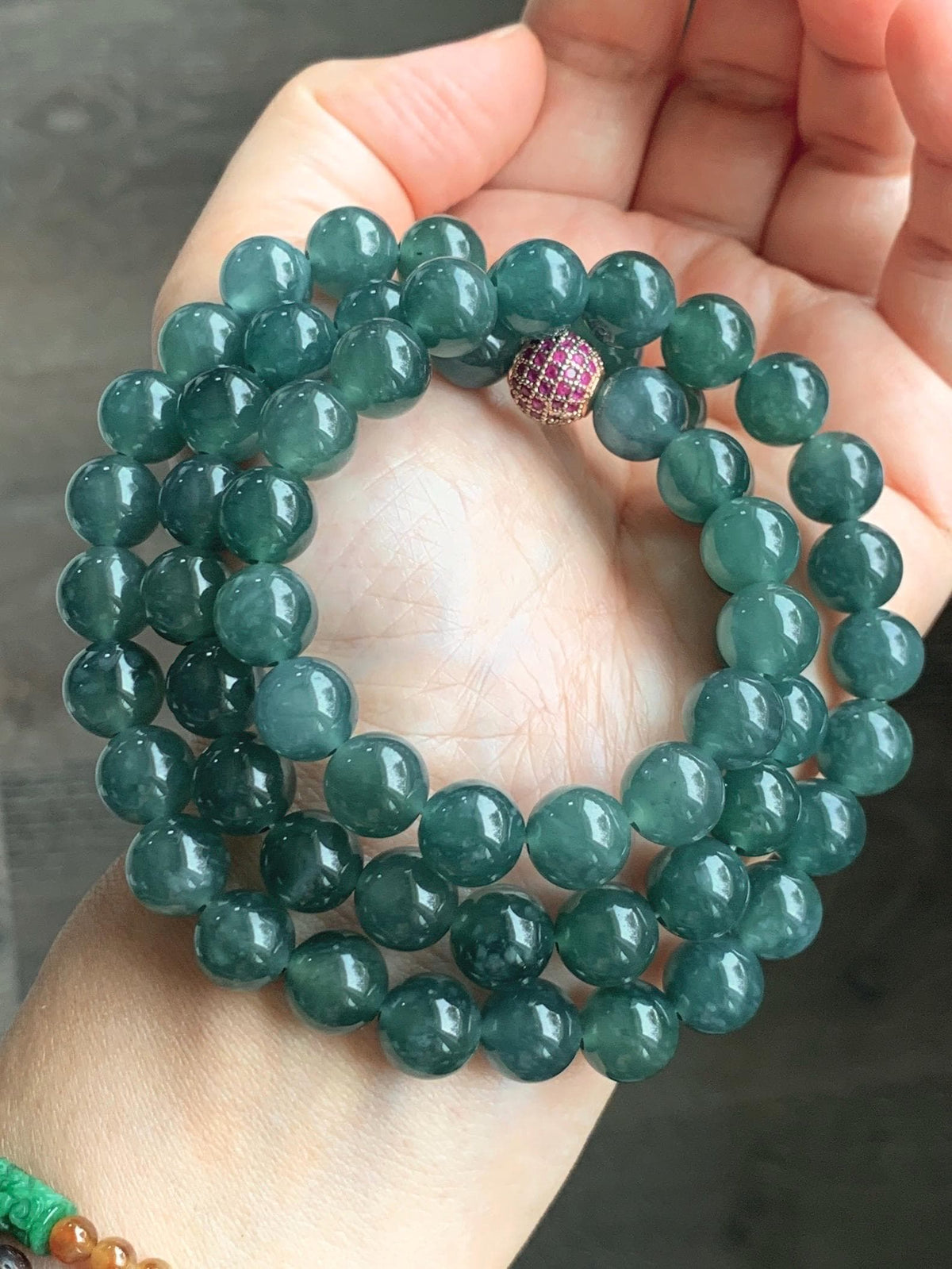 Natural Grade A Guatemalan Icy Translucent Dark Teal Blue Jade Jadeite Beaded Necklace 9.7mm 23.7” 101g 天然冰胶危深蓝绿翡翠大卡圆珠项链 WSC440