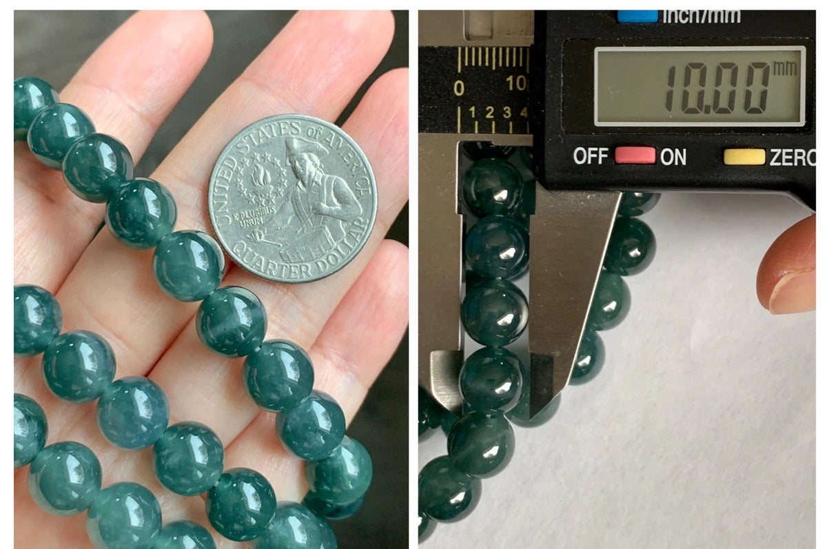 Natural Grade A Guatemalan Icy Translucent Dark Teal Blue Jade Jadeite Beaded Necklace 9.7mm 23.7” 101g 天然冰胶危深蓝绿翡翠大卡圆珠项链 WSC440