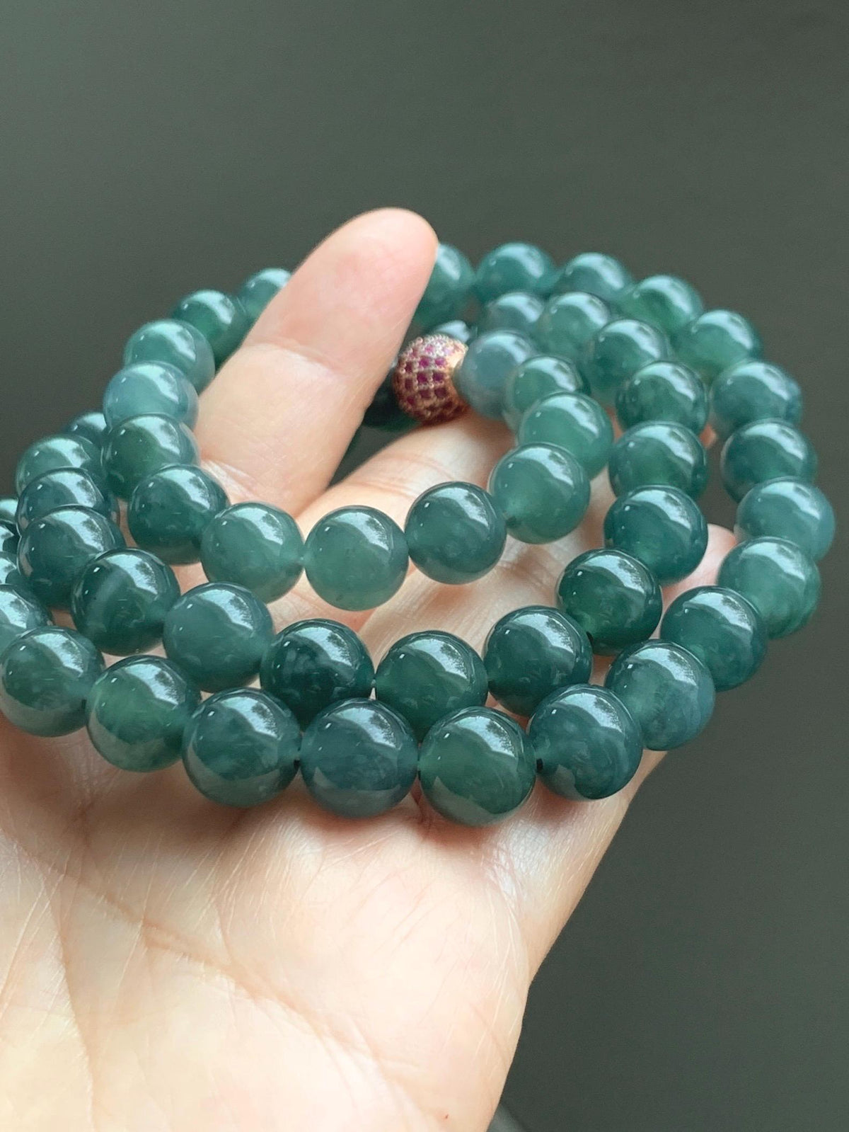 Natural Grade A Guatemalan Icy Translucent Dark Teal Blue Jade Jadeite Beaded Necklace 9.7mm 23.7” 101g 天然冰胶危深蓝绿翡翠大卡圆珠项链 WSC440
