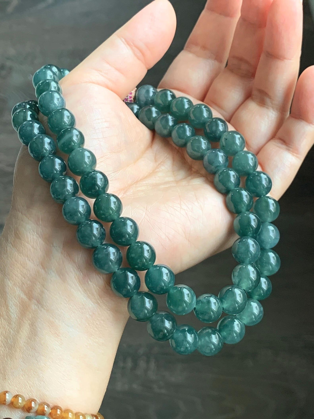 Natural Grade A Guatemalan Icy Translucent Dark Teal Blue Jade Jadeite Beaded Necklace 9.7mm 23.7” 101g 天然冰胶危深蓝绿翡翠大卡圆珠项链 WSC440