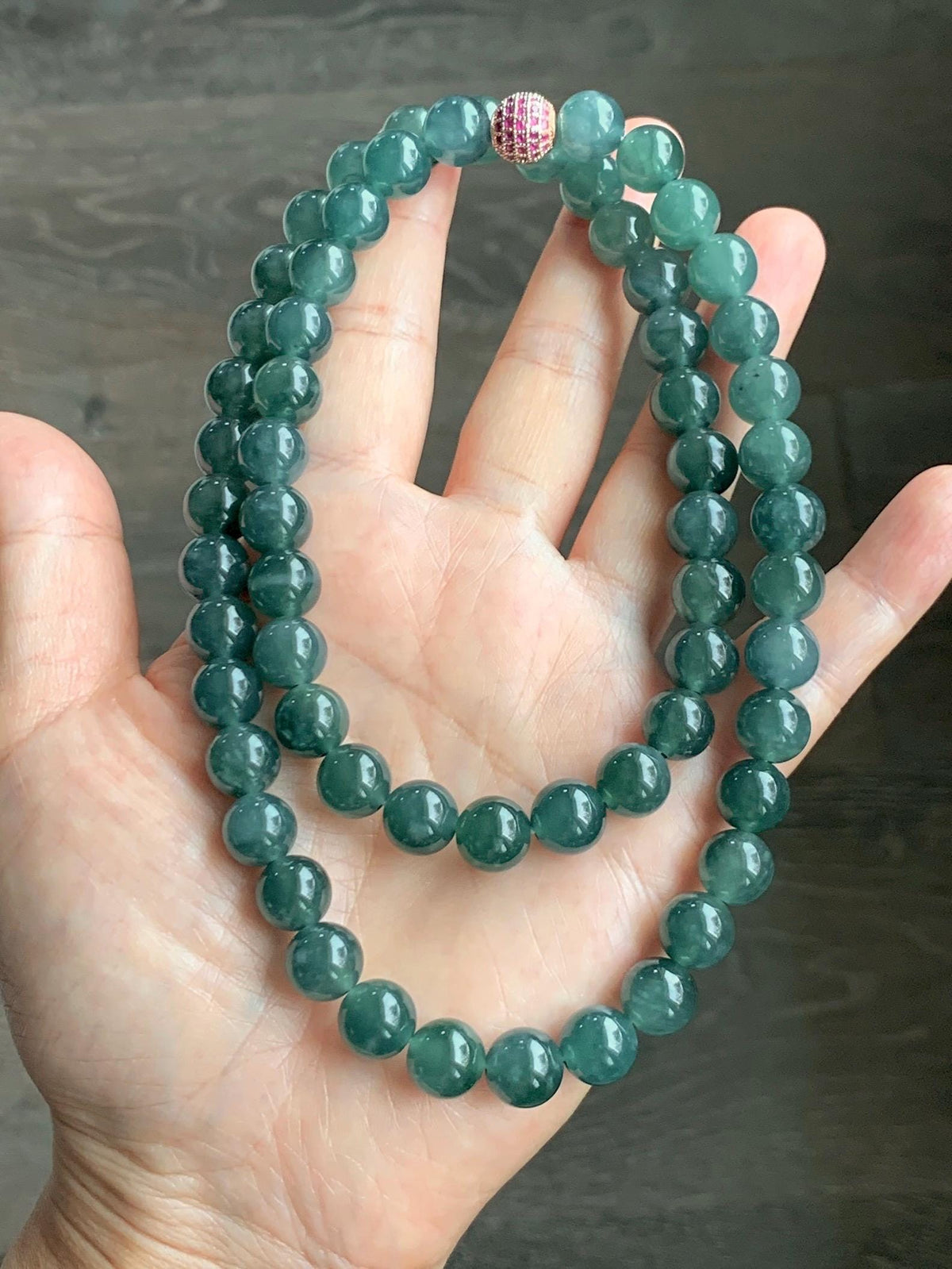 Natural Grade A Guatemalan Icy Translucent Dark Teal Blue Jade Jadeite Beaded Necklace 9.7mm 23.7” 101g 天然冰胶危深蓝绿翡翠大卡圆珠项链 WSC440