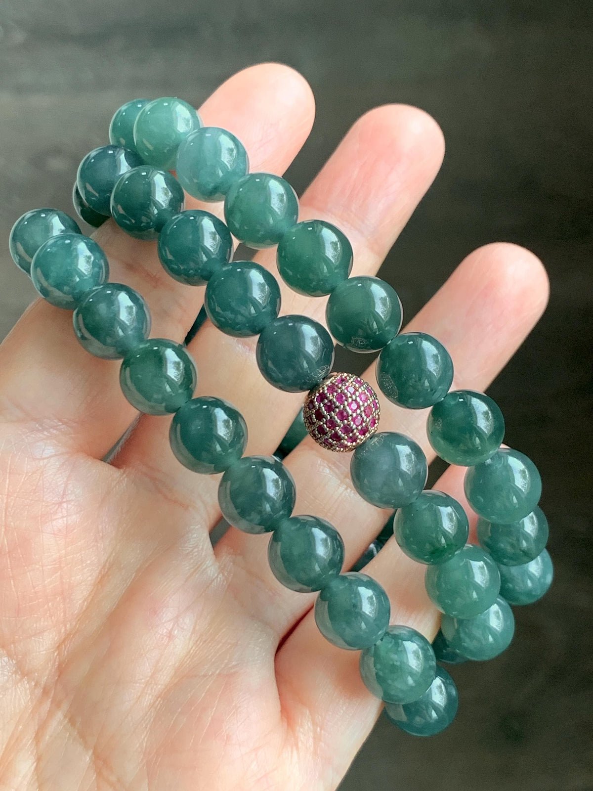 Natural Grade A Guatemalan Icy Translucent Dark Teal Blue Jade Jadeite Beaded Necklace 9.7mm 23.7” 101g 天然冰胶危深蓝绿翡翠大卡圆珠项链 WSC440