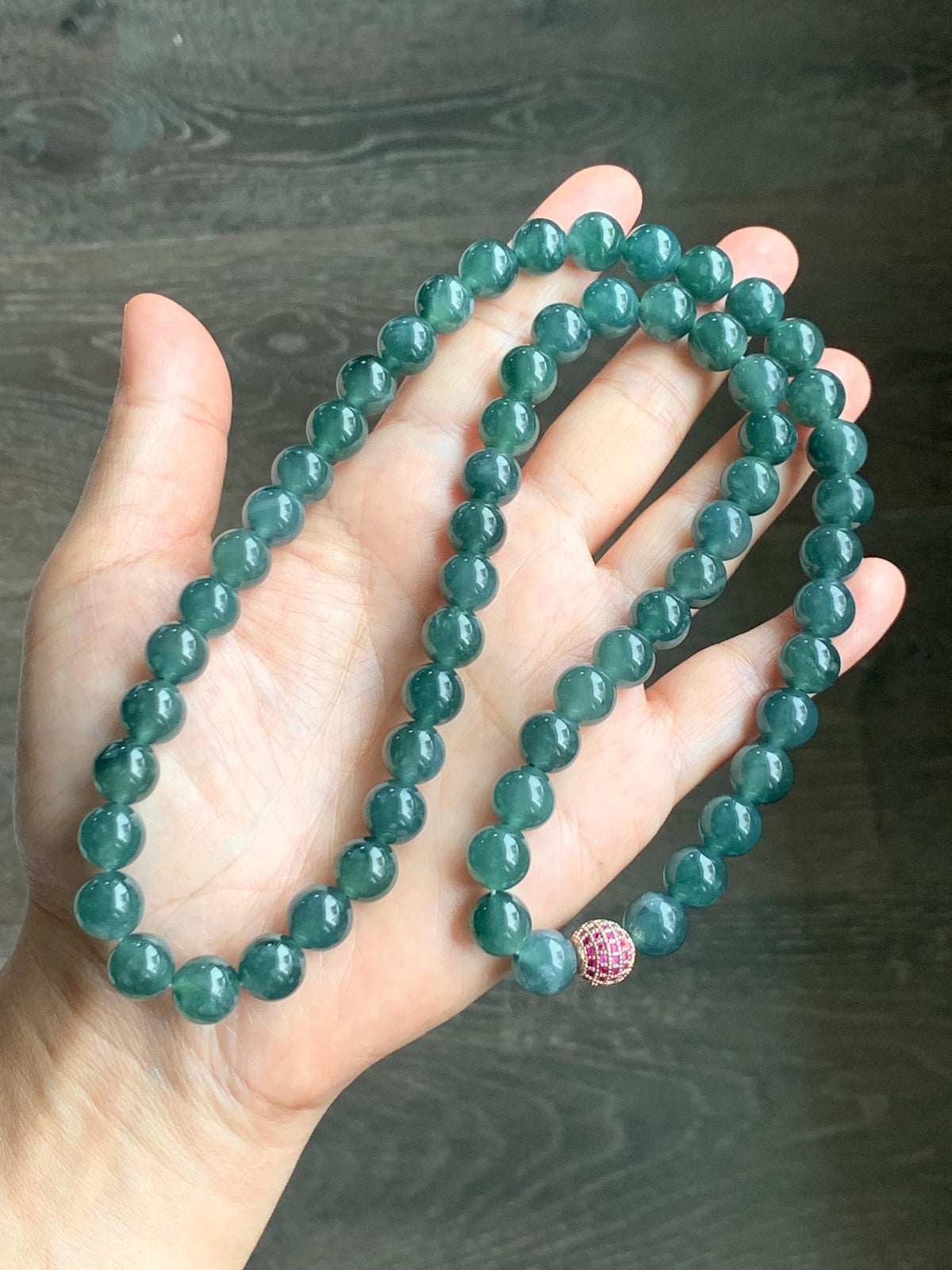 Natural Grade A Guatemalan Icy Translucent Dark Teal Blue Jade Jadeite Beaded Necklace 9.7mm 23.7” 101g 天然冰胶危深蓝绿翡翠大卡圆珠项链 WSC440