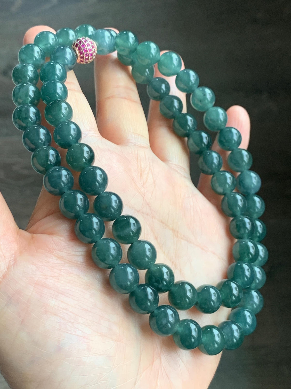 Natural Grade A Guatemalan Icy Translucent Dark Teal Blue Jade Jadeite Beaded Necklace 9.7mm 23.7” 101g 天然冰胶危深蓝绿翡翠大卡圆珠项链 WSC440