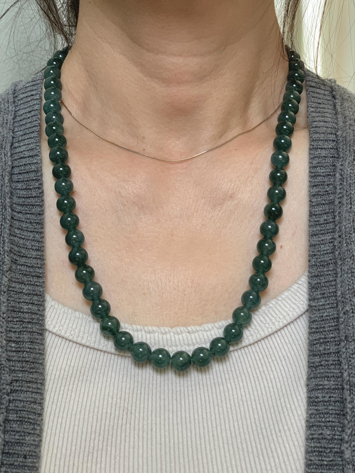 Natural Grade A Guatemalan Icy Translucent Dark Teal Blue Jade Jadeite Beaded Necklace 9.7mm 23.7” 101g 天然冰胶危深蓝绿翡翠大卡圆珠项链 WSC440
