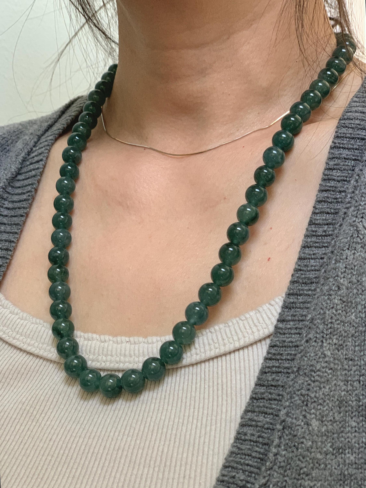 Natural Grade A Guatemalan Icy Translucent Dark Teal Blue Jade Jadeite Beaded Necklace 9.7mm 23.7” 101g 天然冰胶危深蓝绿翡翠大卡圆珠项链 WSC440