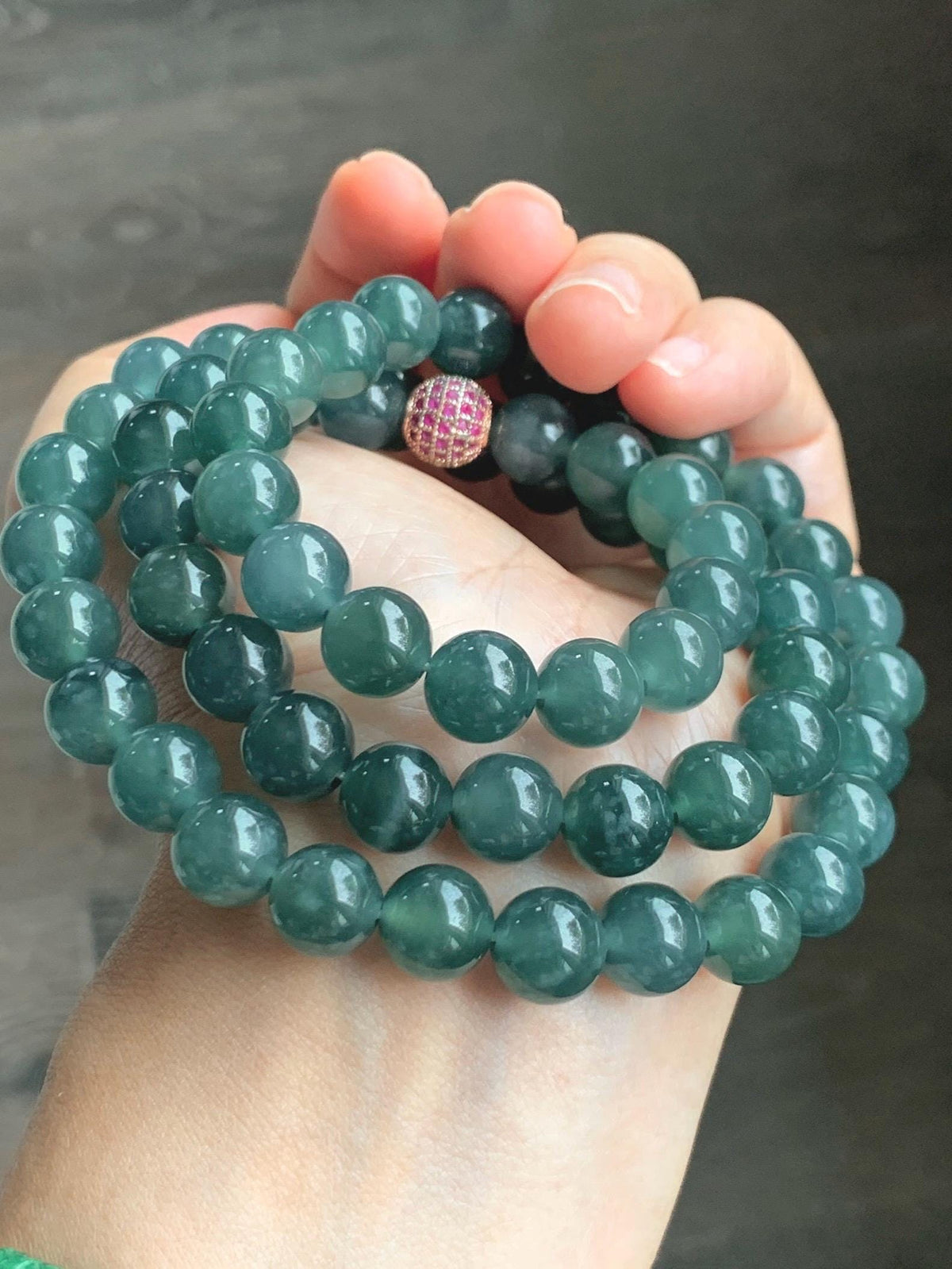 Natural Grade A Guatemalan Icy Translucent Dark Teal Blue Jade Jadeite Beaded Necklace 9.7mm 23.7” 101g 天然冰胶危深蓝绿翡翠大卡圆珠项链 WSC440