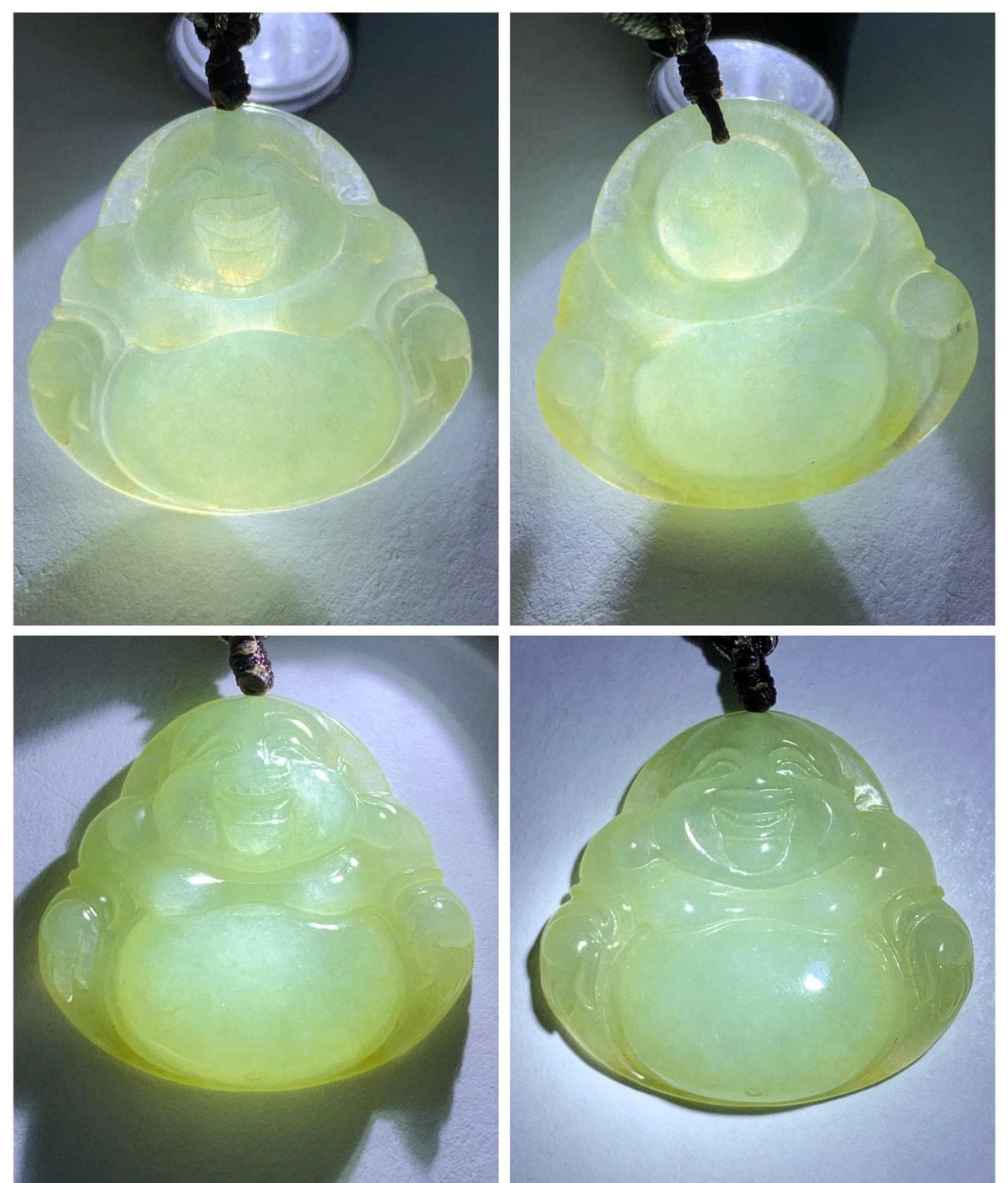Natural Grade A Icy Translucent Dark Greenish Beige Jade Jadeite Buddha Pendant Rope Necklace 24” 9g 天然冰黄翡翠佛公吊坠 MHF165