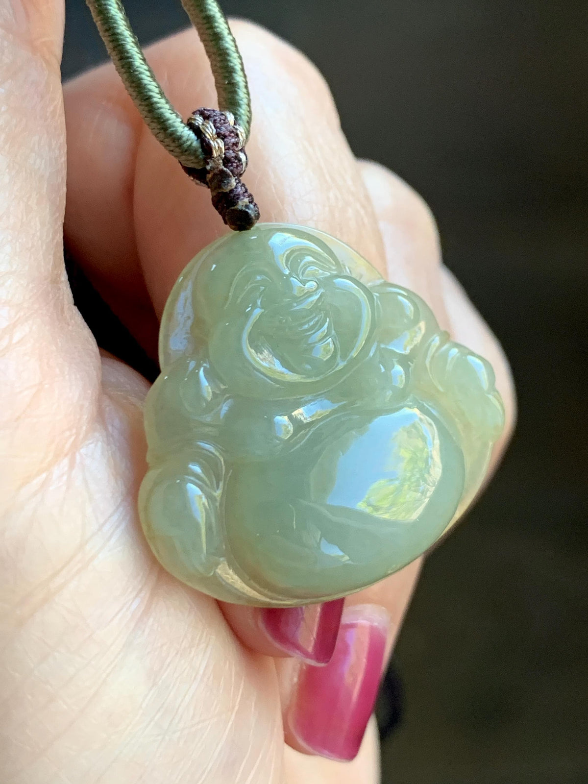 Natural Grade A Icy Translucent Dark Greenish Beige Jade Jadeite Buddha Pendant Rope Necklace 24” 9g 天然冰黄翡翠佛公吊坠 MHF165