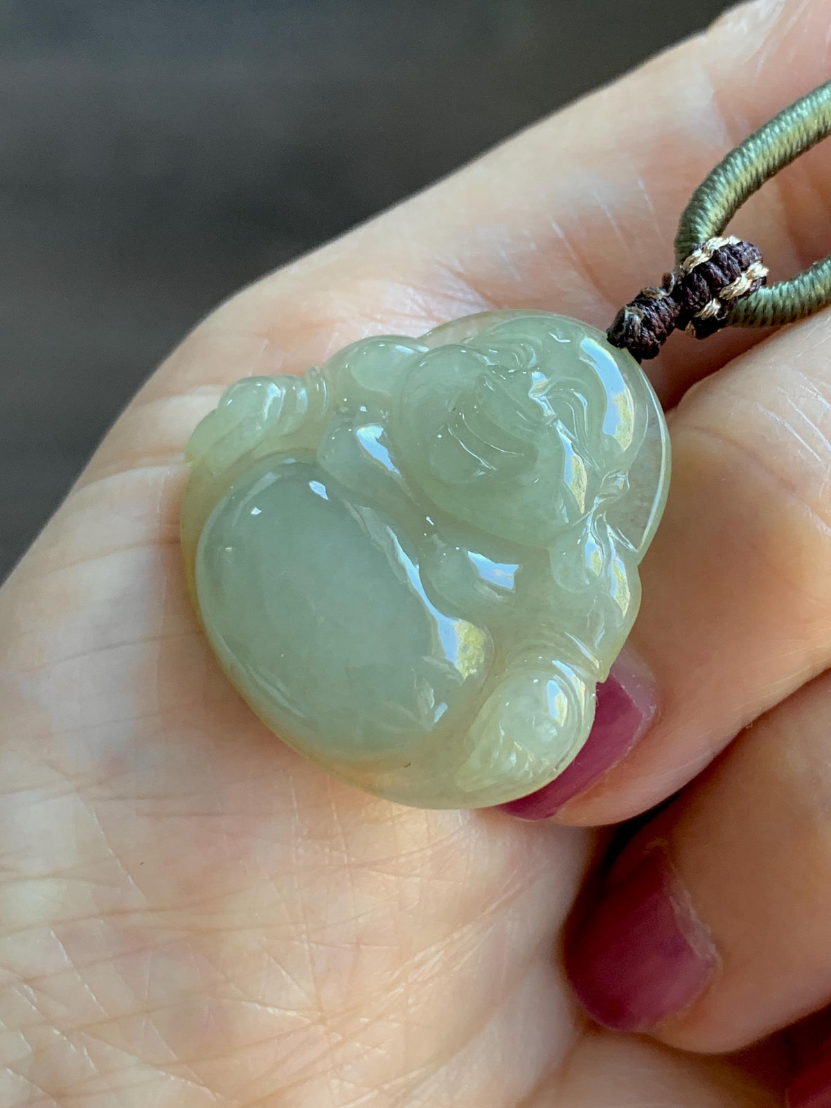 Natural Grade A Icy Translucent Dark Greenish Beige Jade Jadeite Buddha Pendant Rope Necklace 24” 9g 天然冰黄翡翠佛公吊坠 MHF165