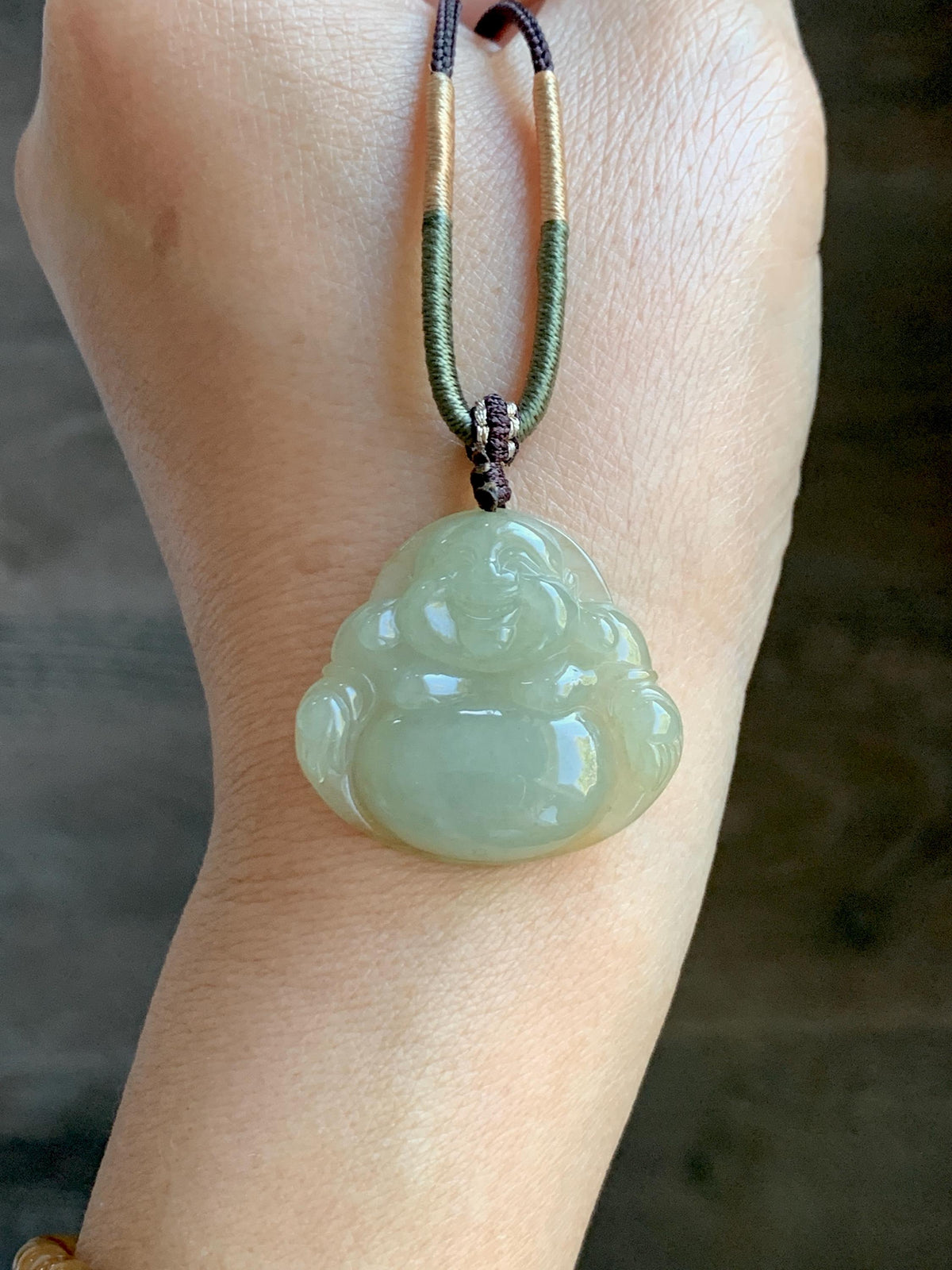 Natural Grade A Icy Translucent Dark Greenish Beige Jade Jadeite Buddha Pendant Rope Necklace 24” 9g 天然冰黄翡翠佛公吊坠 MHF165