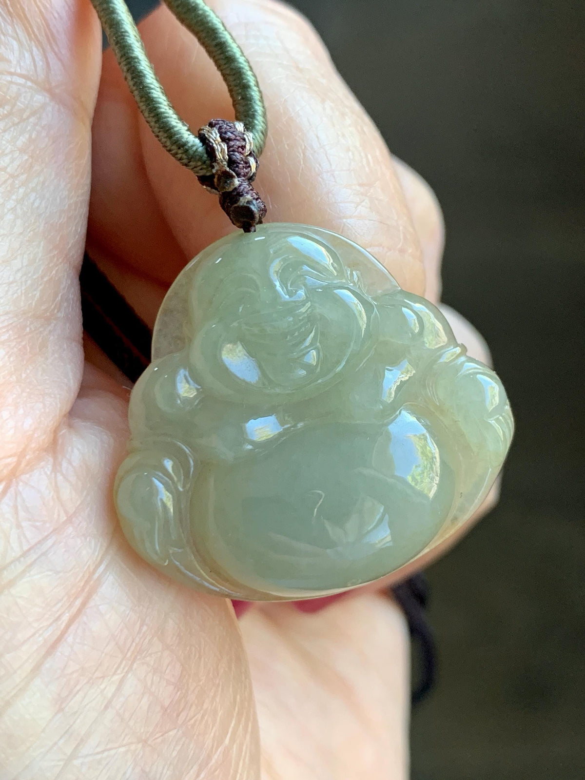 Natural Grade A Icy Translucent Dark Greenish Beige Jade Jadeite Buddha Pendant Rope Necklace 24” 9g 天然冰黄翡翠佛公吊坠 MHF165