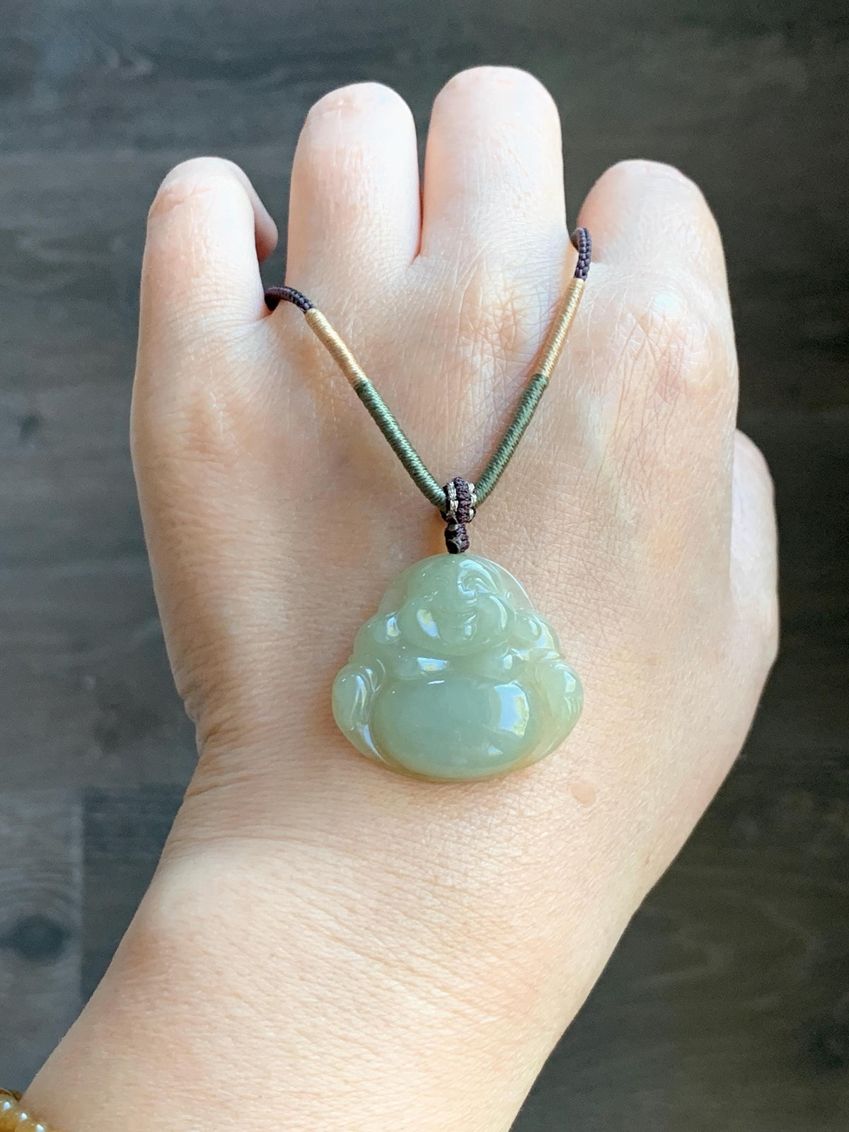Natural Grade A Icy Translucent Dark Greenish Beige Jade Jadeite Buddha Pendant Rope Necklace 24” 9g 天然冰黄翡翠佛公吊坠 MHF165