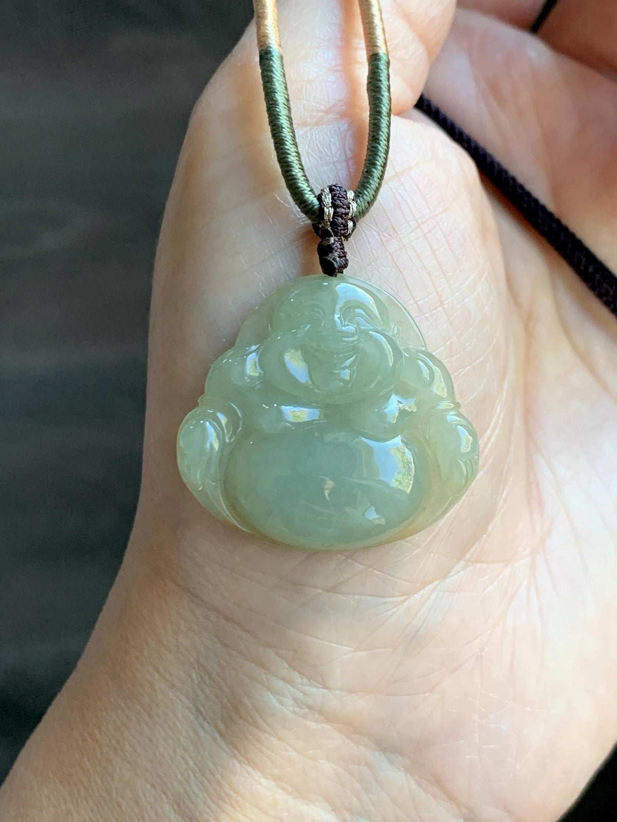 Natural Grade A Icy Translucent Dark Greenish Beige Jade Jadeite Buddha Pendant Rope Necklace 24” 9g 天然冰黄翡翠佛公吊坠 MHF165
