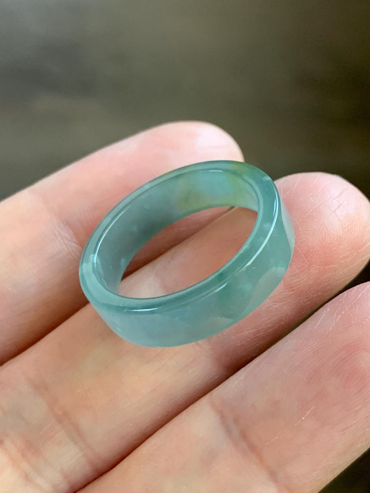 Natural Grade A Guatemalan Icy Translucent Dusty Teal Blue Yellow Marbled Jade Jadeite Square Edged Band Ring Size 8 US 天然冰危蓝黄翡翠角戒戒圈 WLH165A
