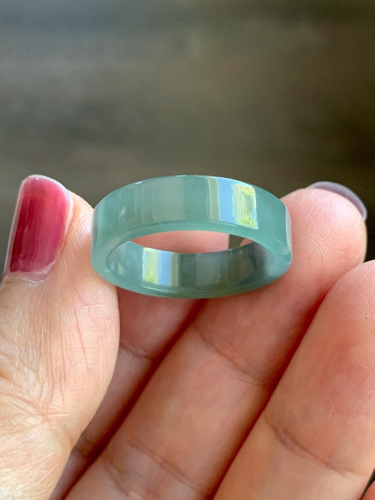 Natural Grade A Guatemalan Icy Translucent Dusty Teal Blue Yellow Marbled Jade Jadeite Square Edged Band Ring Size 8 US 天然冰危蓝黄翡翠角戒戒圈 WLH165A