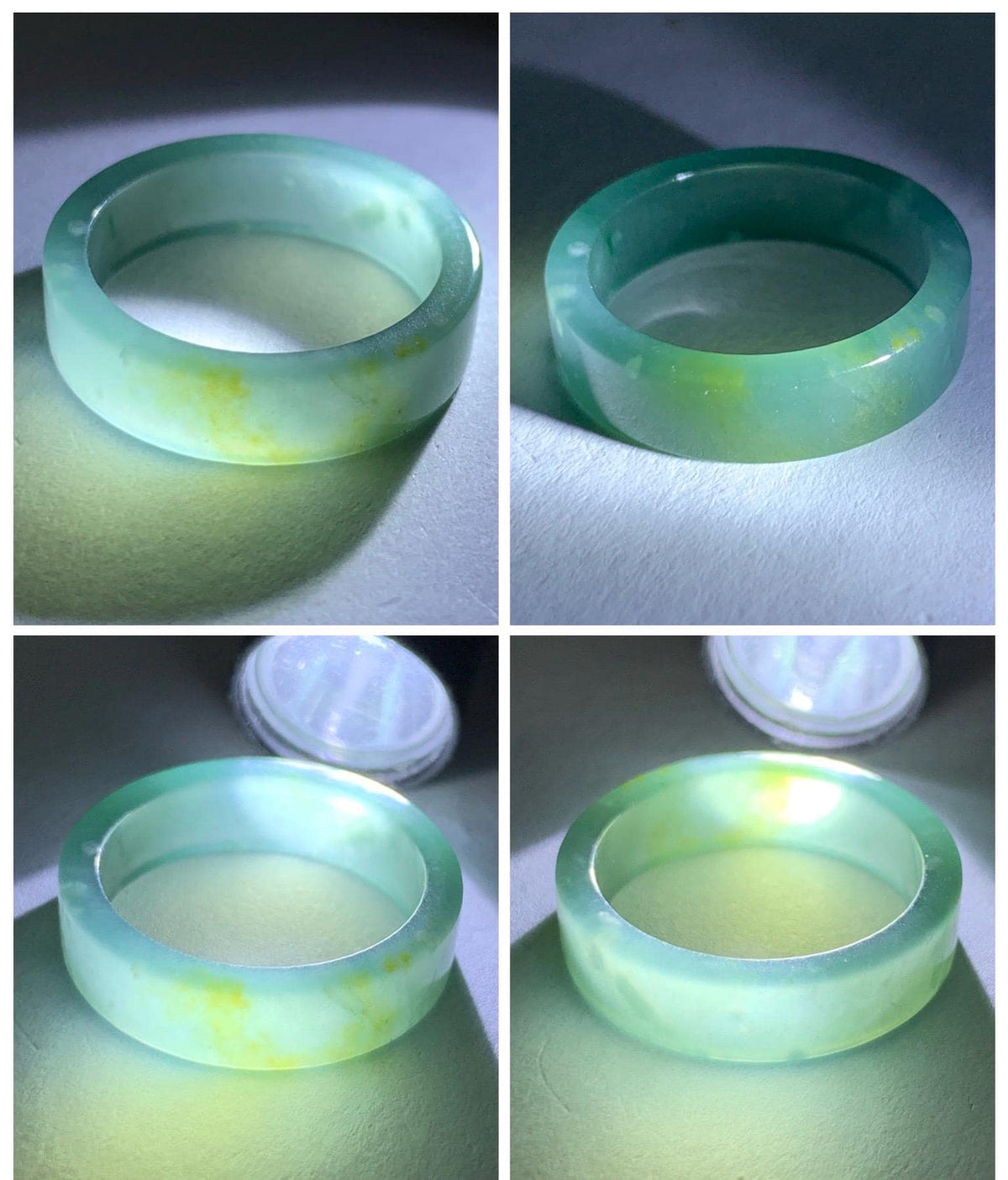 Natural Grade A Guatemalan Icy Translucent Dusty Teal Blue Yellow Marbled Jade Jadeite Square Edged Band Ring Size 8 US 天然冰危蓝黄翡翠角戒戒圈 WLH165A
