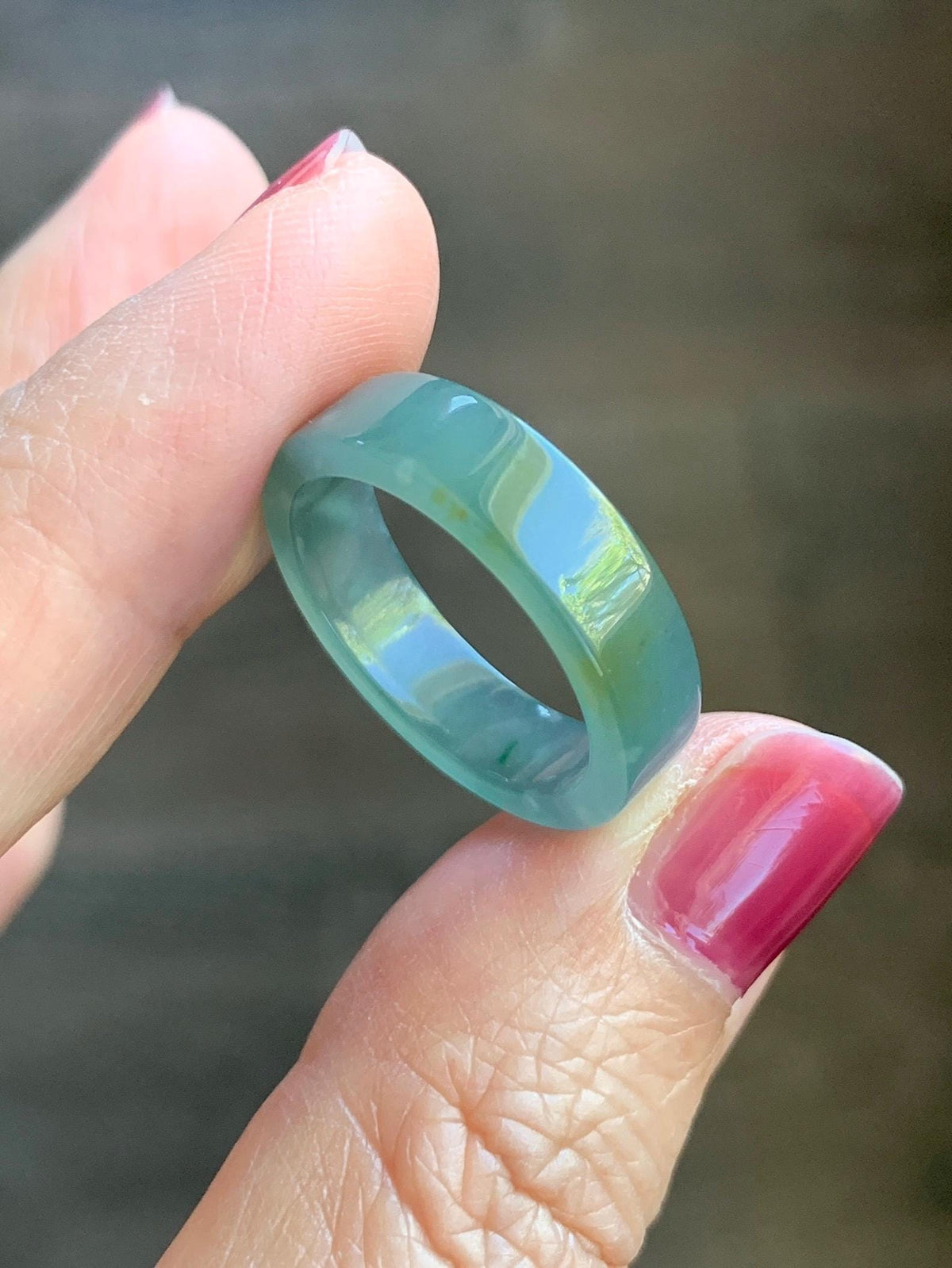 Natural Grade A Guatemalan Icy Translucent Dusty Teal Blue Yellow Marbled Jade Jadeite Square Edged Band Ring Size 8 US 天然冰危蓝黄翡翠角戒戒圈 WLH165A