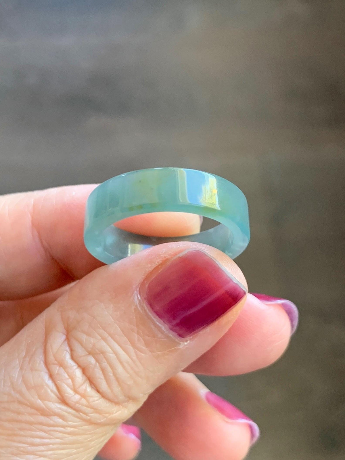 Natural Grade A Guatemalan Icy Translucent Dusty Teal Blue Yellow Marbled Jade Jadeite Square Edged Band Ring Size 8 US 天然冰危蓝黄翡翠角戒戒圈 WLH165A