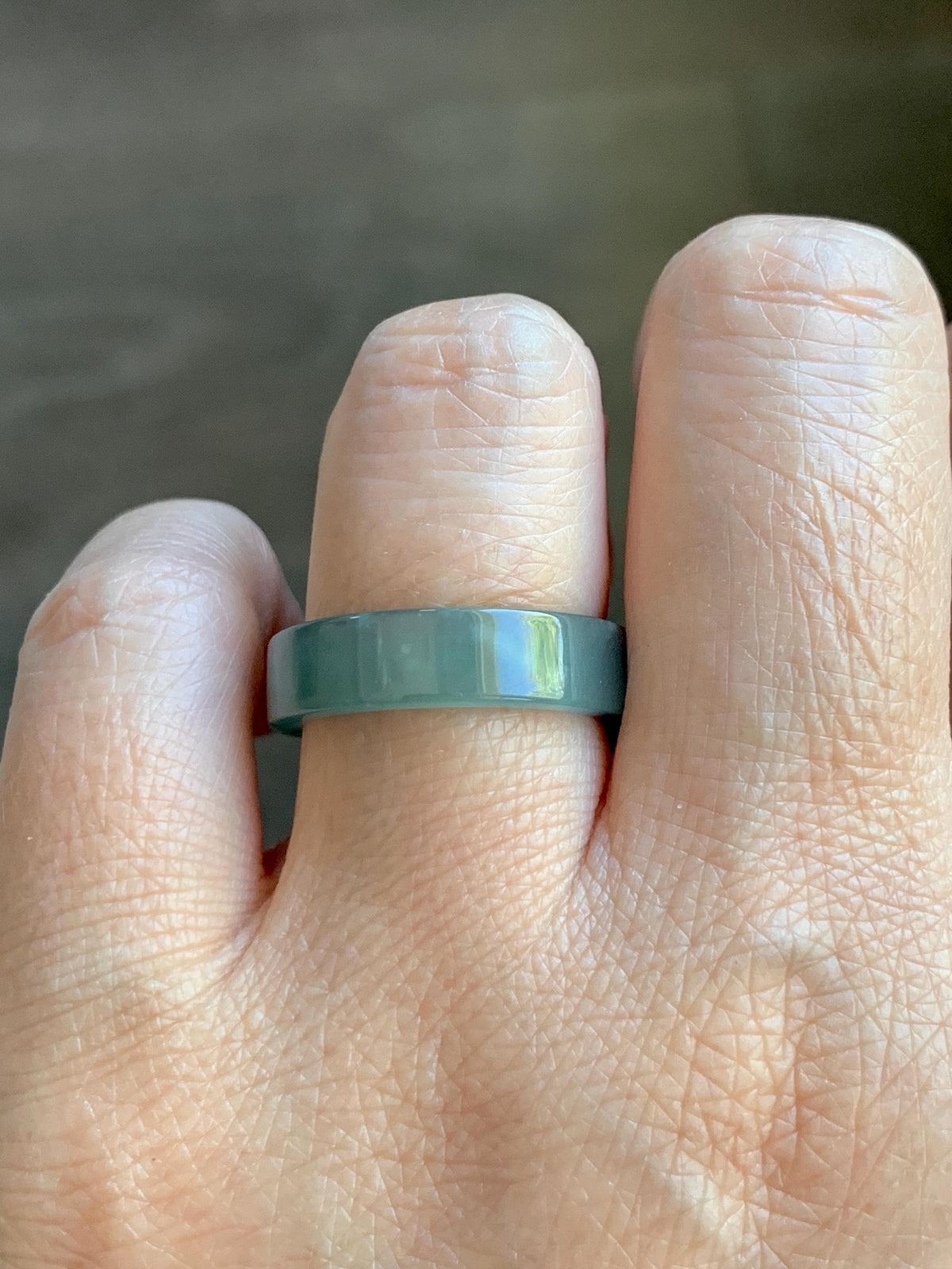 Natural Grade A Guatemalan Icy Translucent Dusty Teal Blue Yellow Marbled Jade Jadeite Square Edged Band Ring Size 8 US 天然冰危蓝黄翡翠角戒戒圈 WLH165A